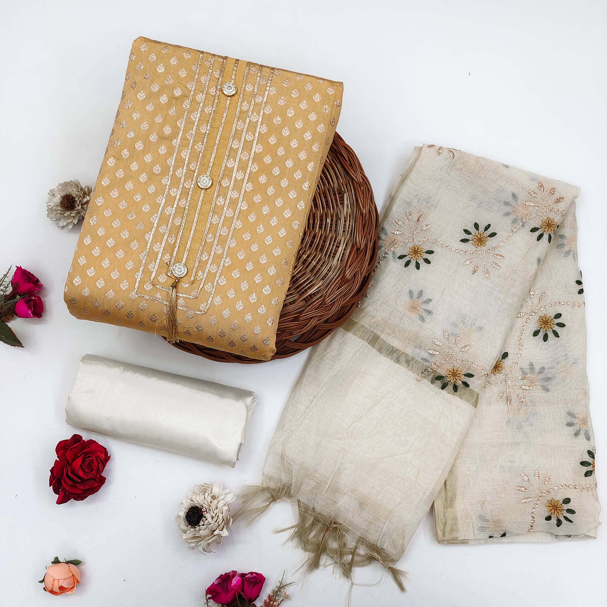 Light Mustard Woven Chanderi Dress Material