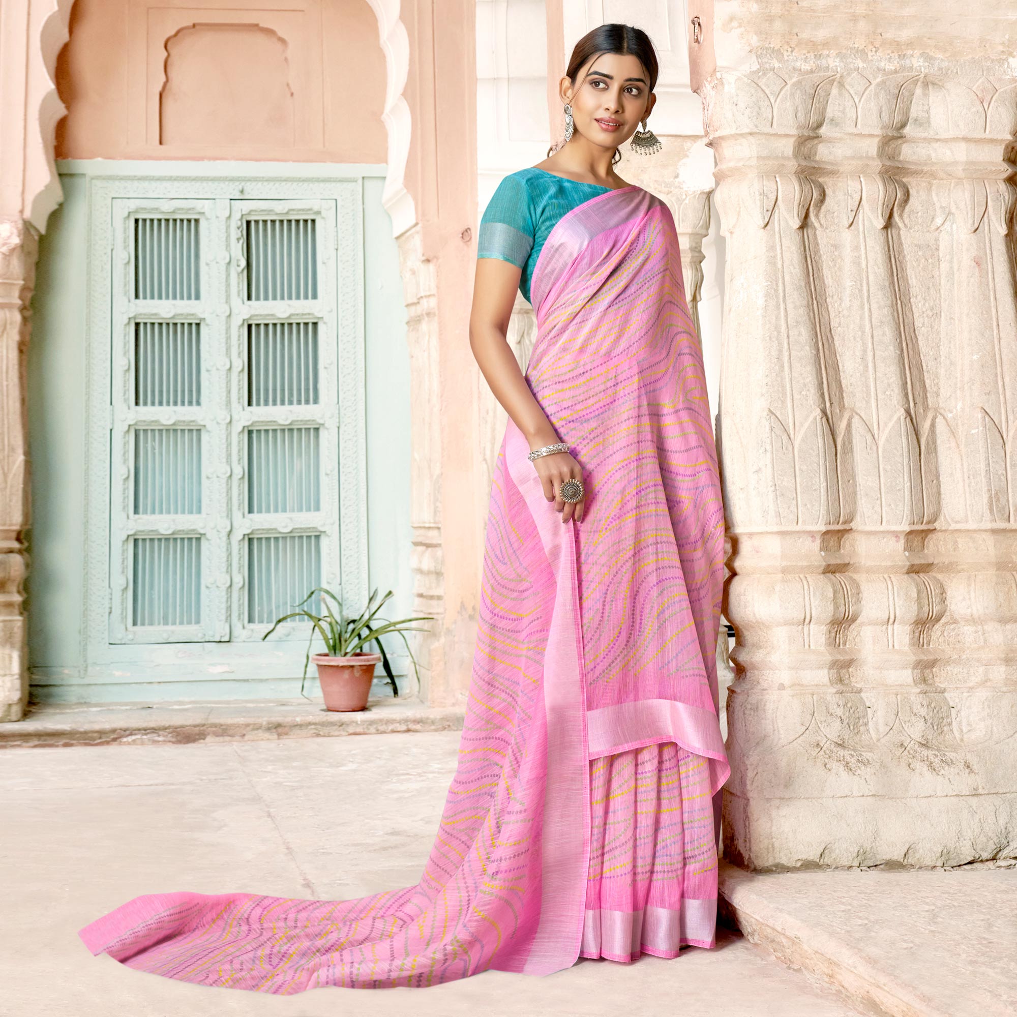 Pink Printed Cotton Blend Saree