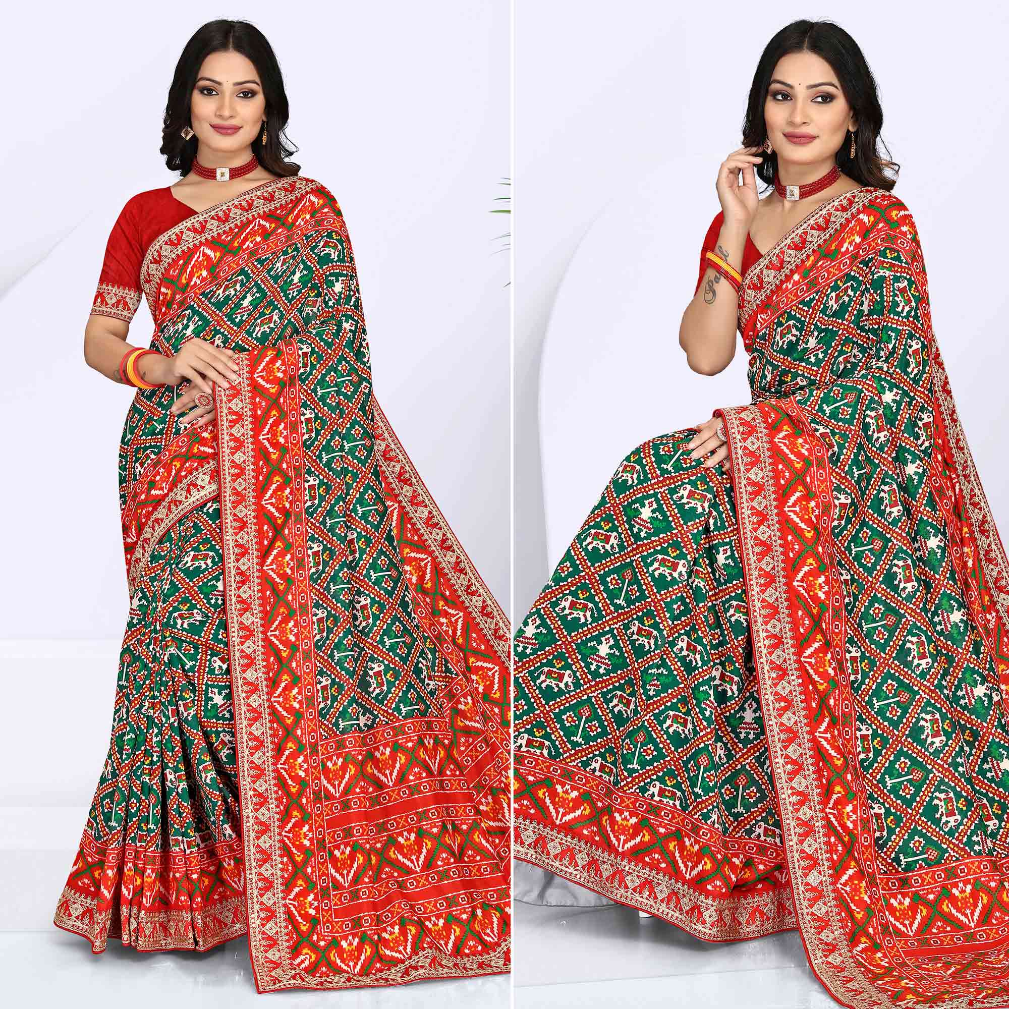 Green & Red  Digital Printed With Sequins Vichitra Silk Saree