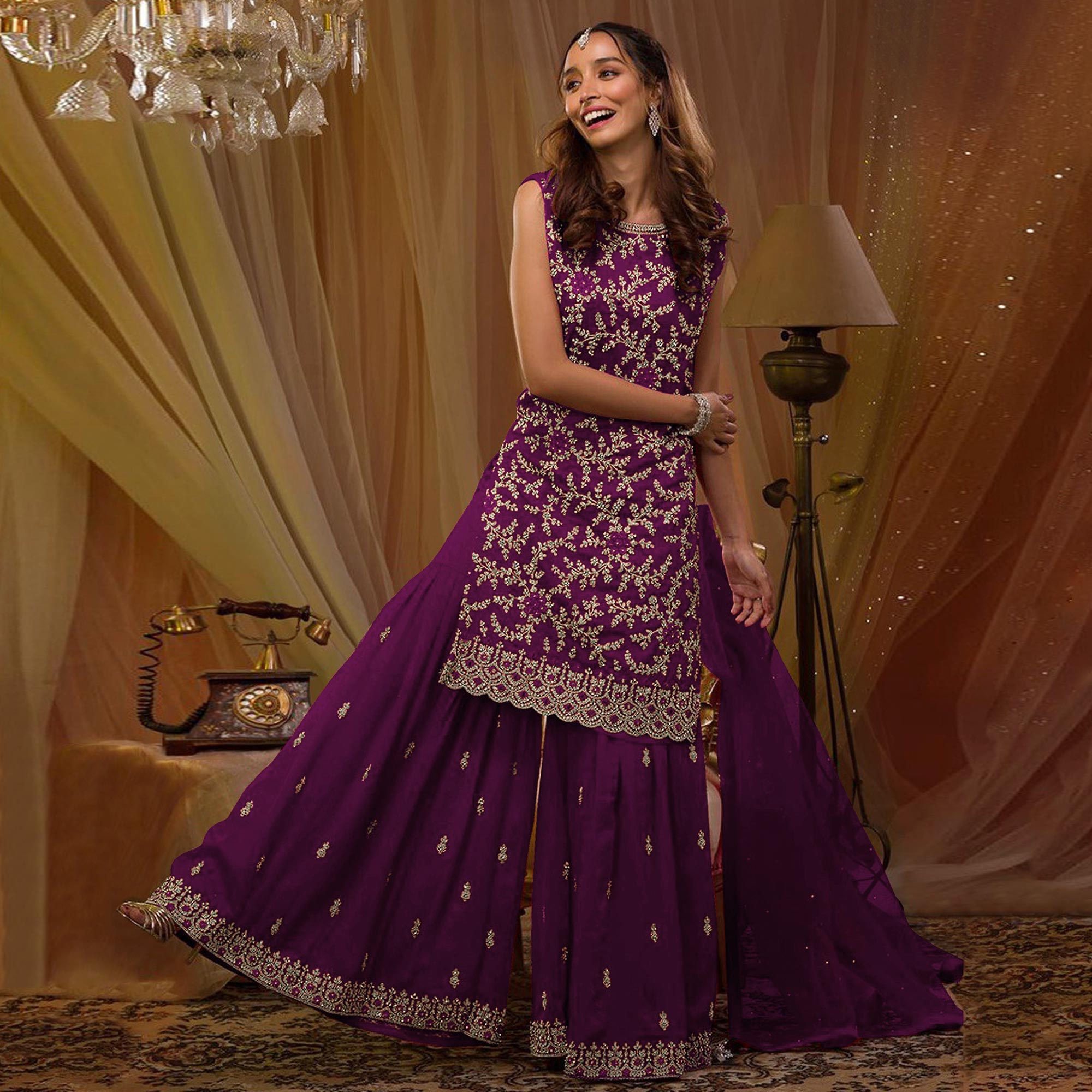 Purple Floral Embroidered Georgette Semi Stitched Sharara Suit