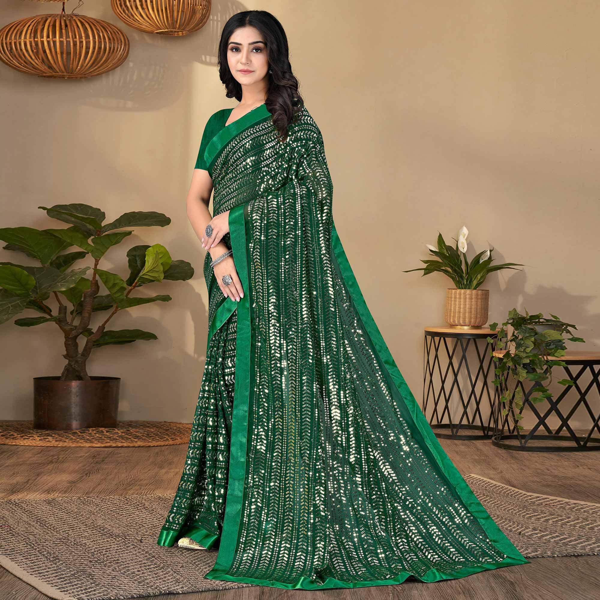 Green Sequins Embroidered Georgette Saree