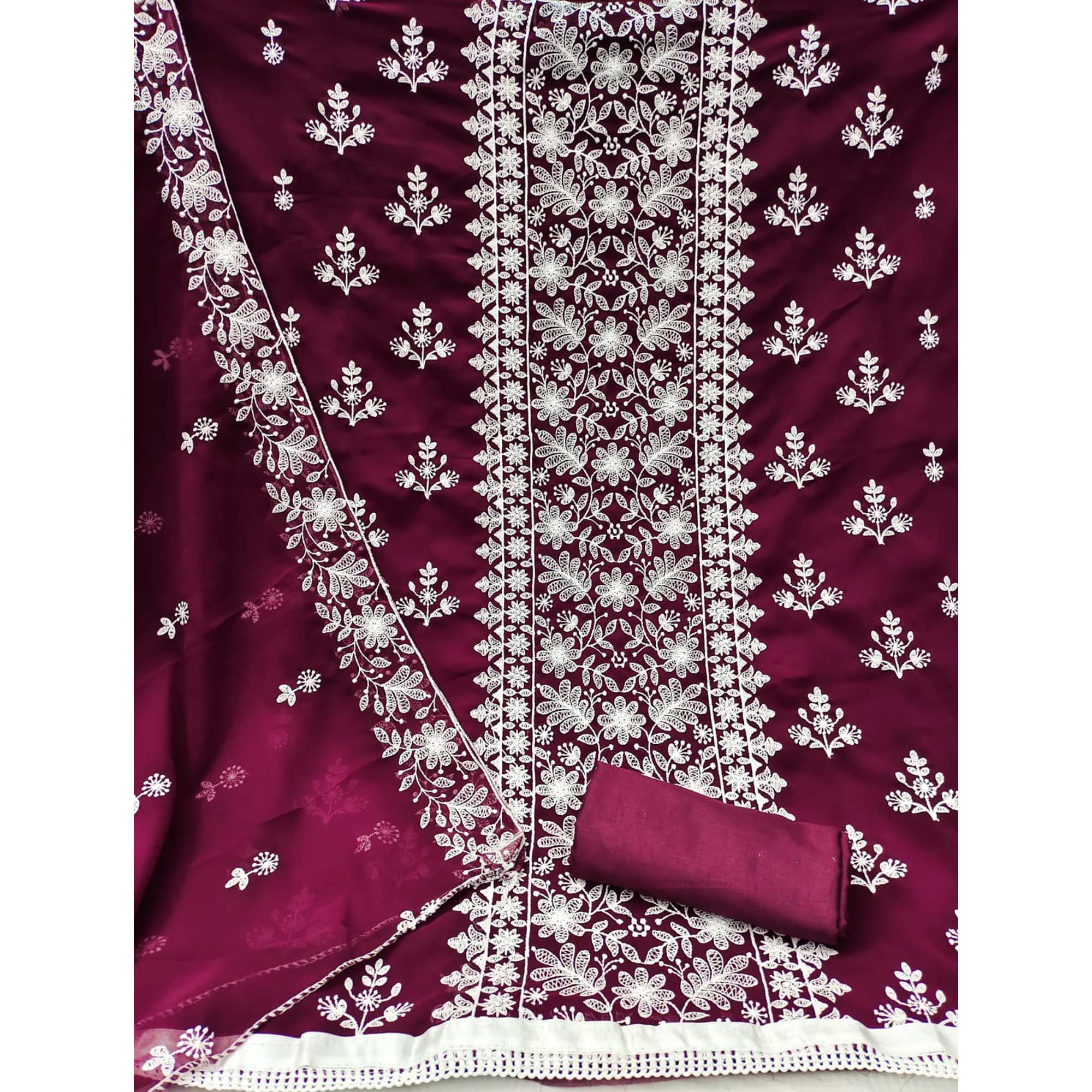 Wine Floral Embroidered Georgette Dress Material