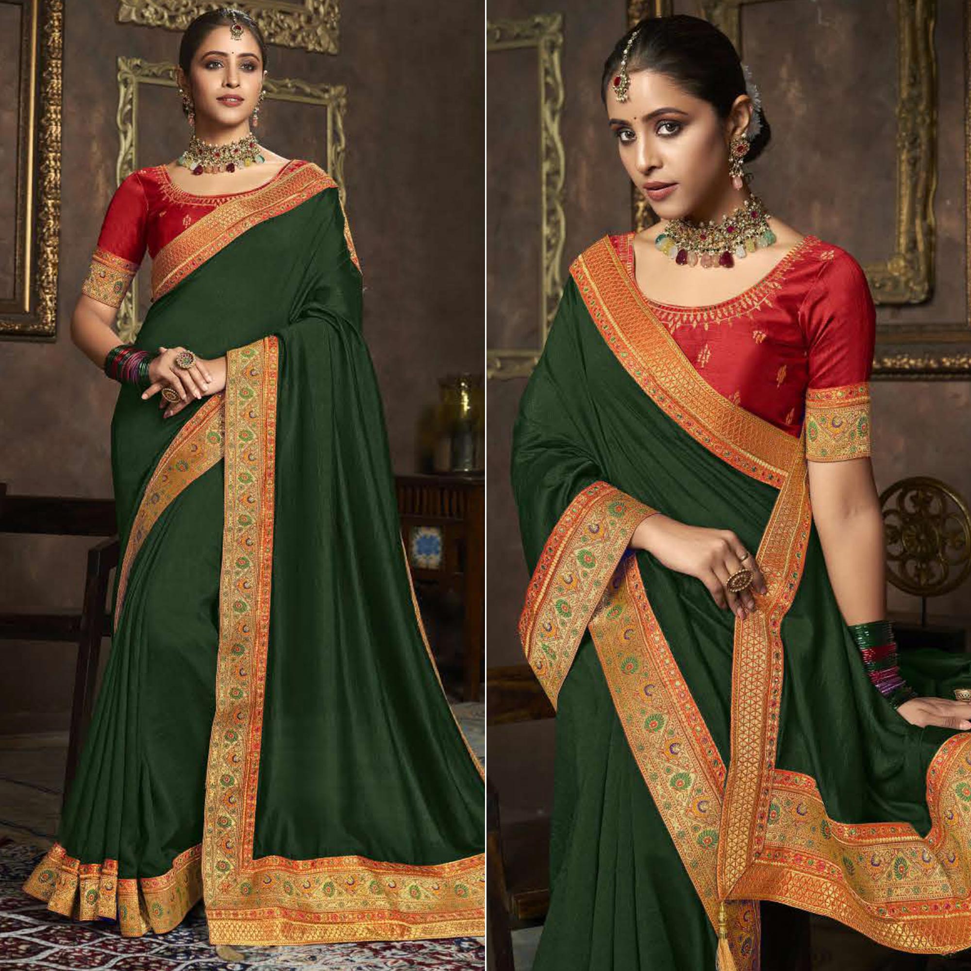 Green Solid With Woven Border Vichitra Silk Saree