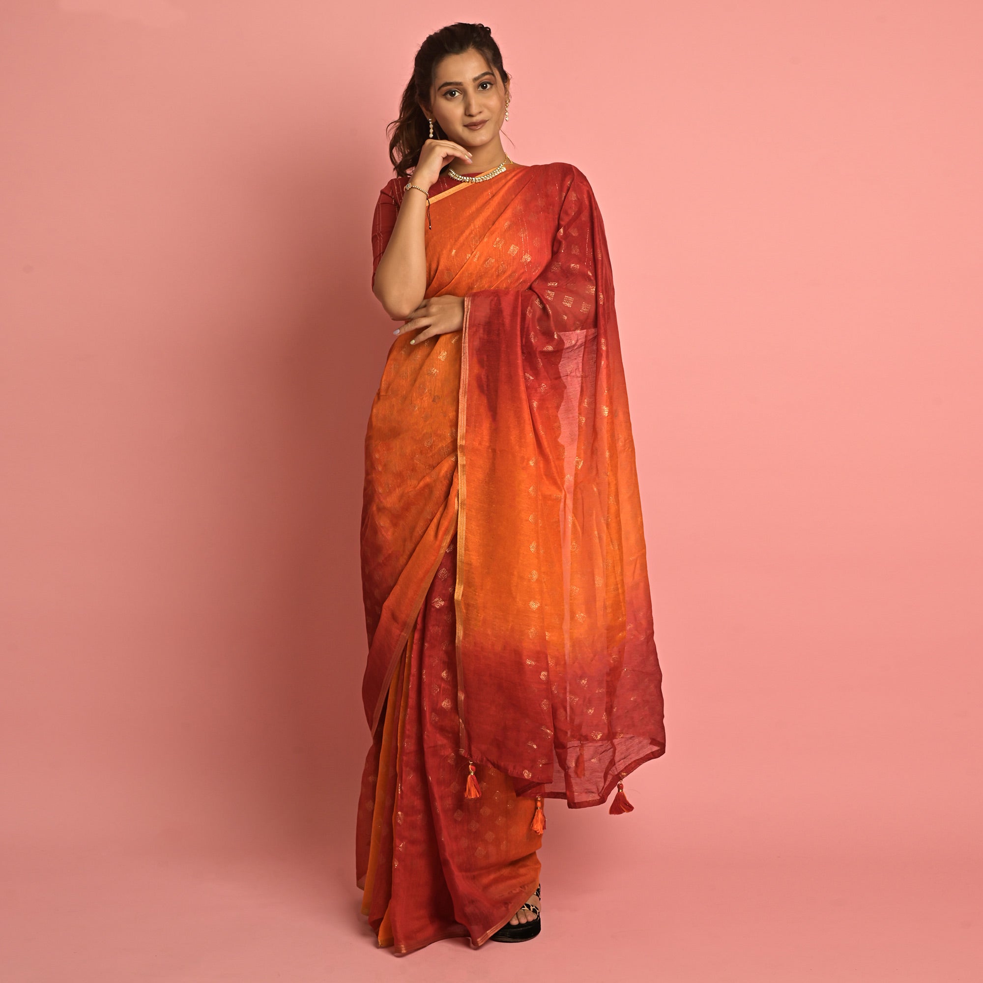 Orange & Red Foil Printed Cotton Blend Saree