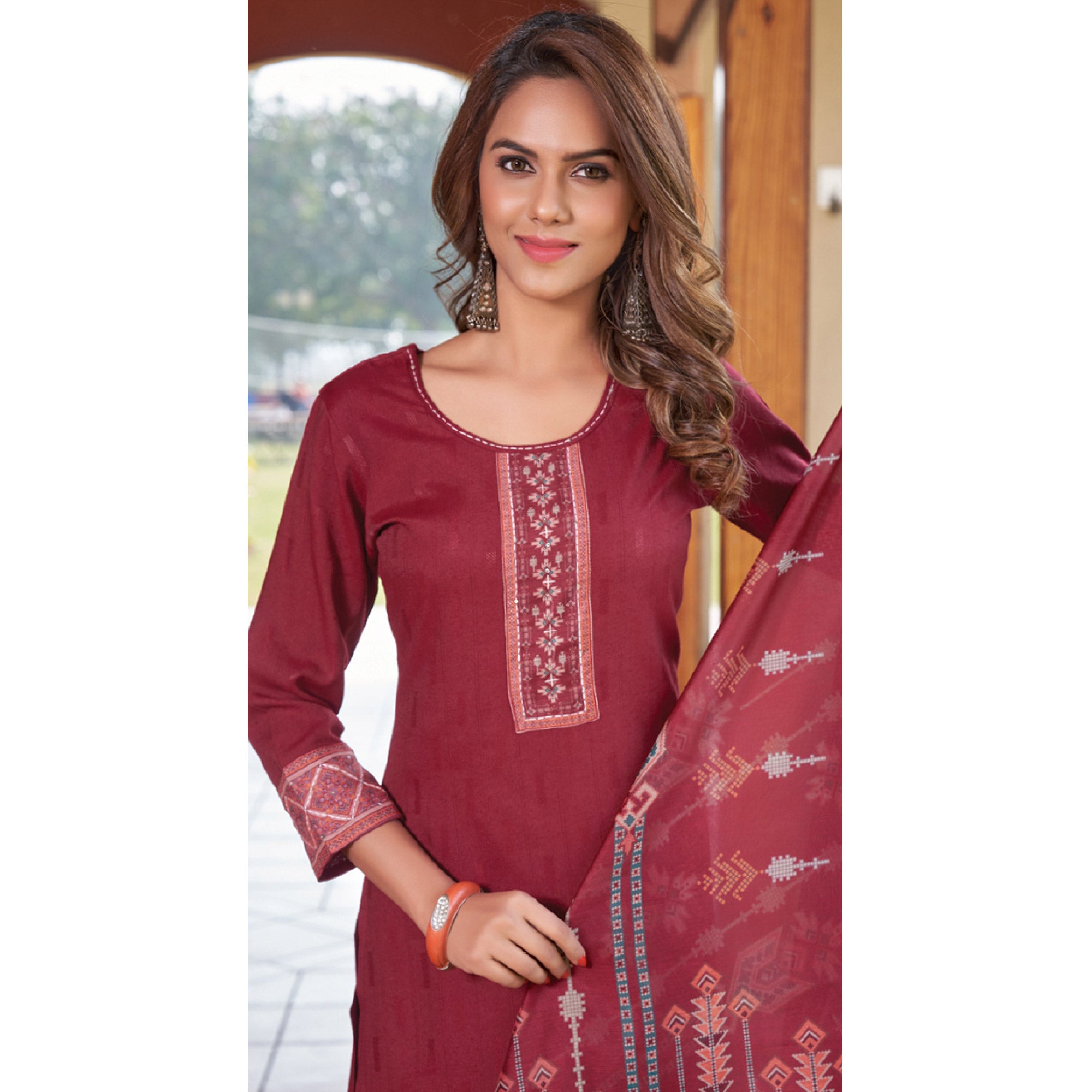 Maroon Embroidered Rayon Kurti With Dupatta