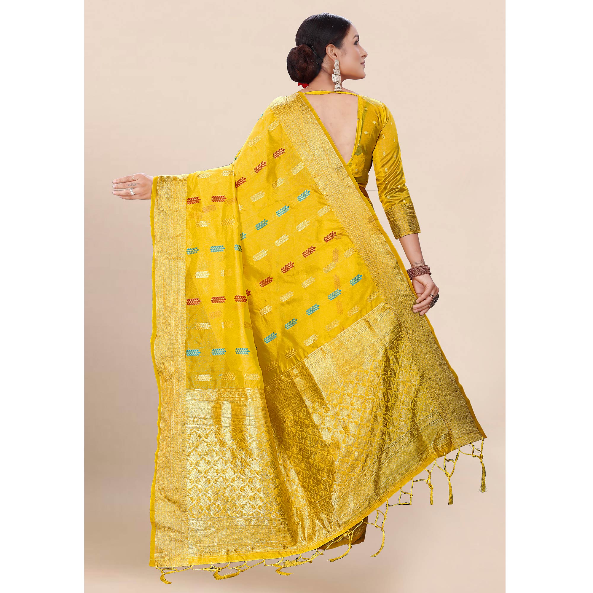 Yellow Woven Organza Saree With Tassels