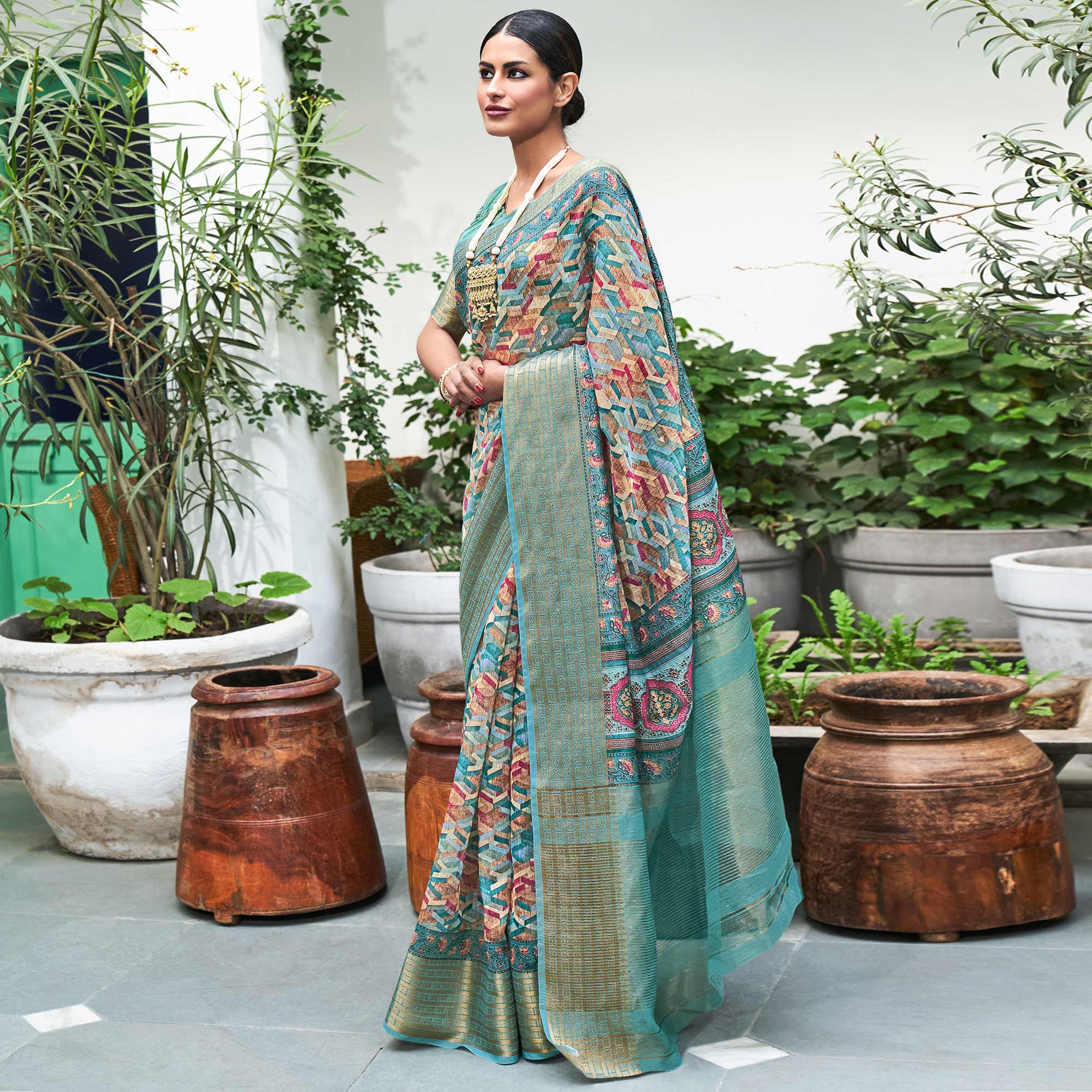 Blue Digital Printed Linen Saree