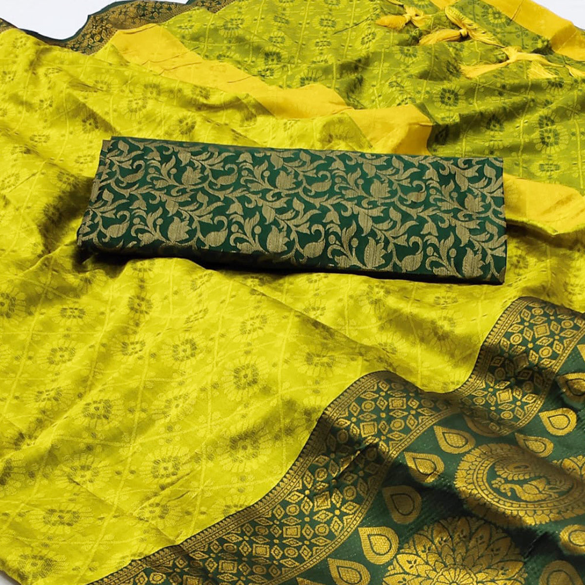 Lemon Green Woven Cotton Silk Saree With Tassels