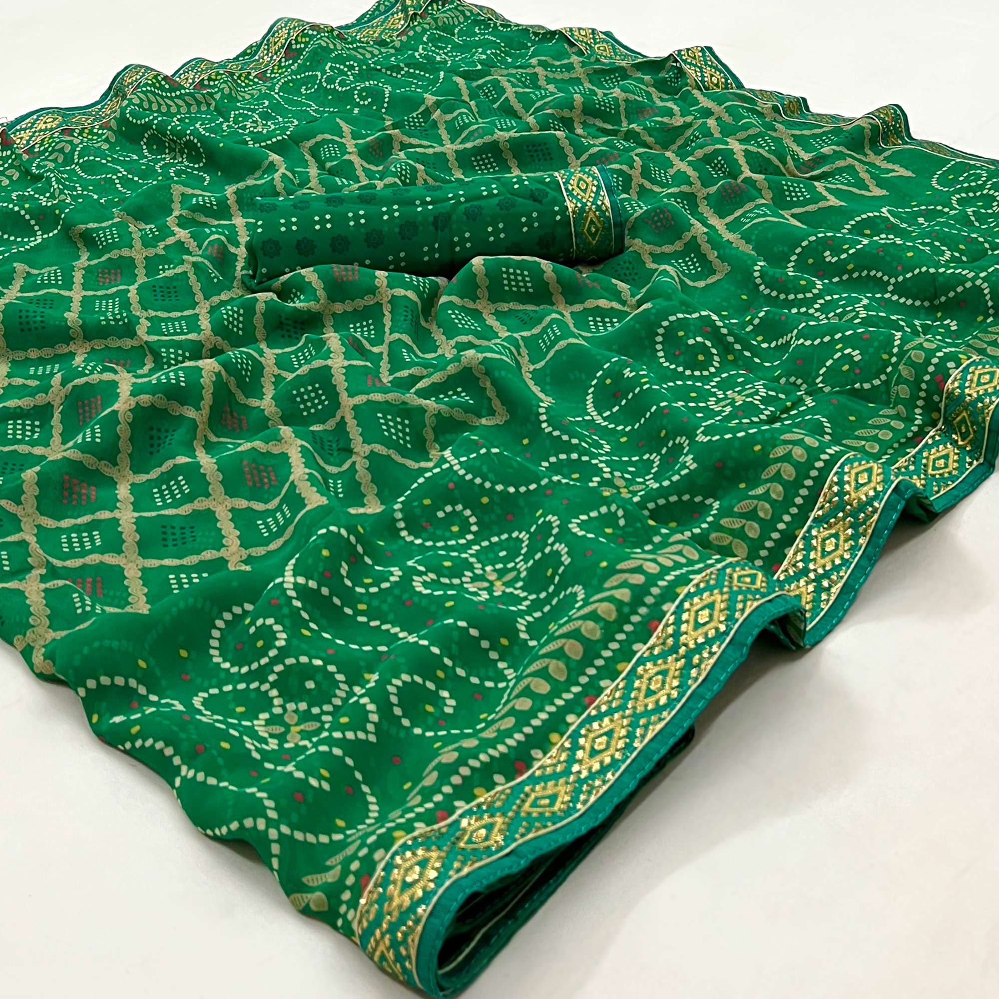 Green Bandhani Printed Georgette Saree With Designer Border