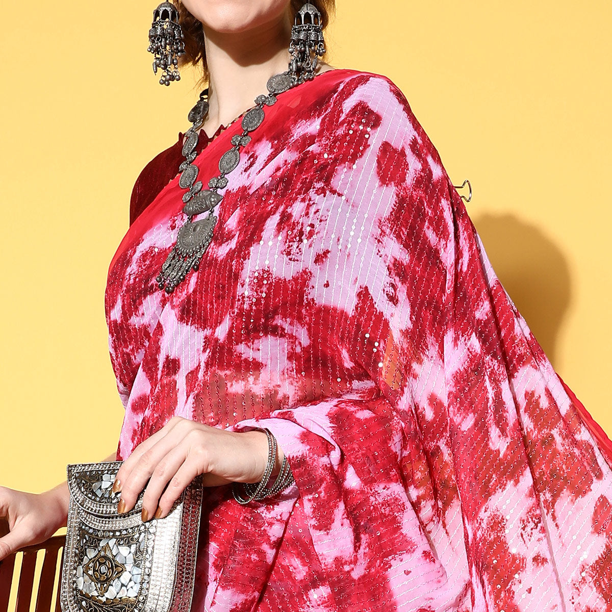 Pink Printed With Sequins Embroidered Georgette Saree