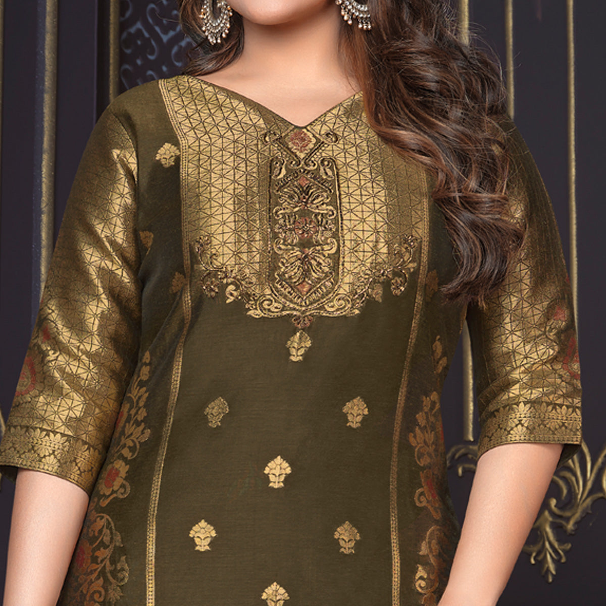 Dark Olive Green Woven Banarasi Silk Salwar Suit