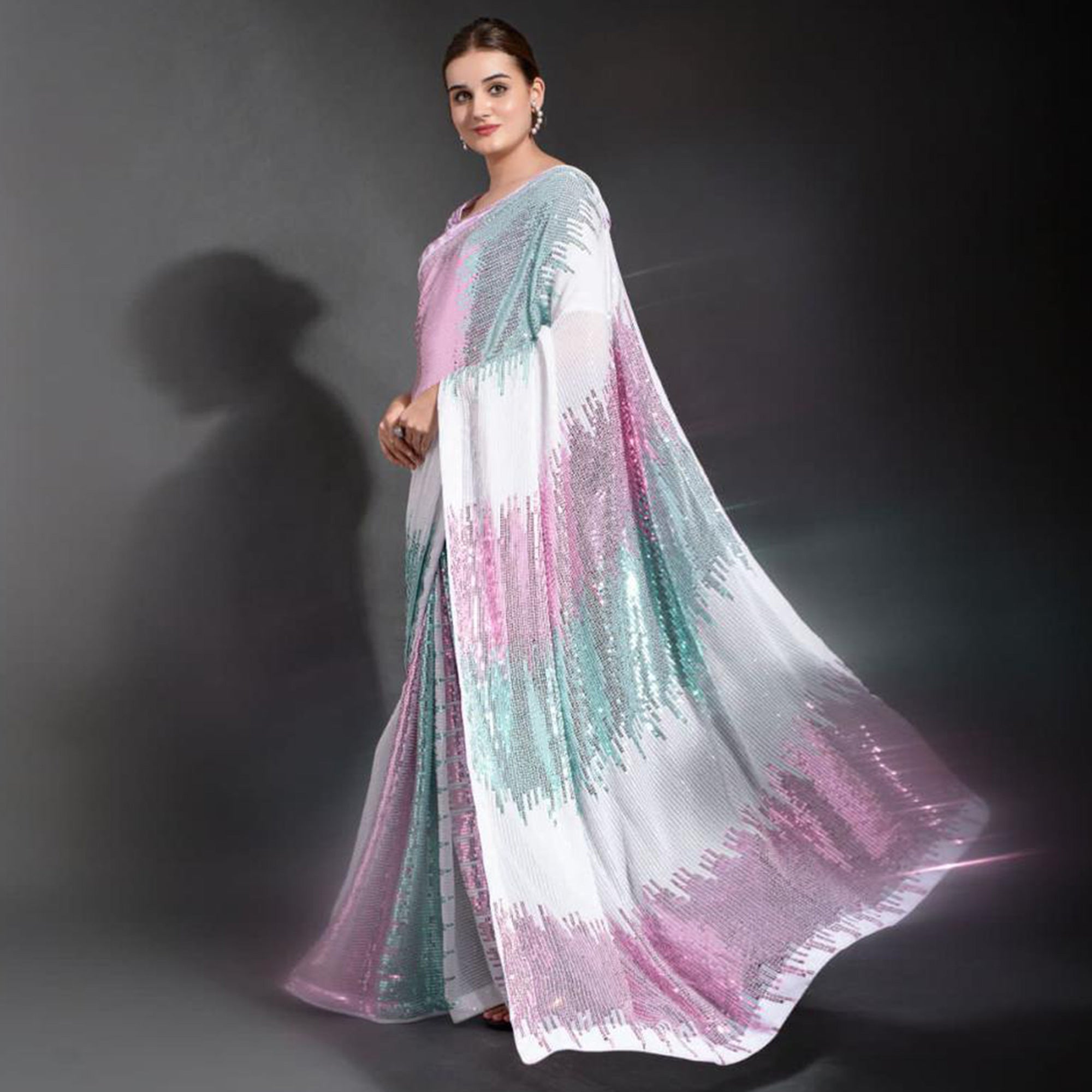 White Sequins Work Georgette Saree