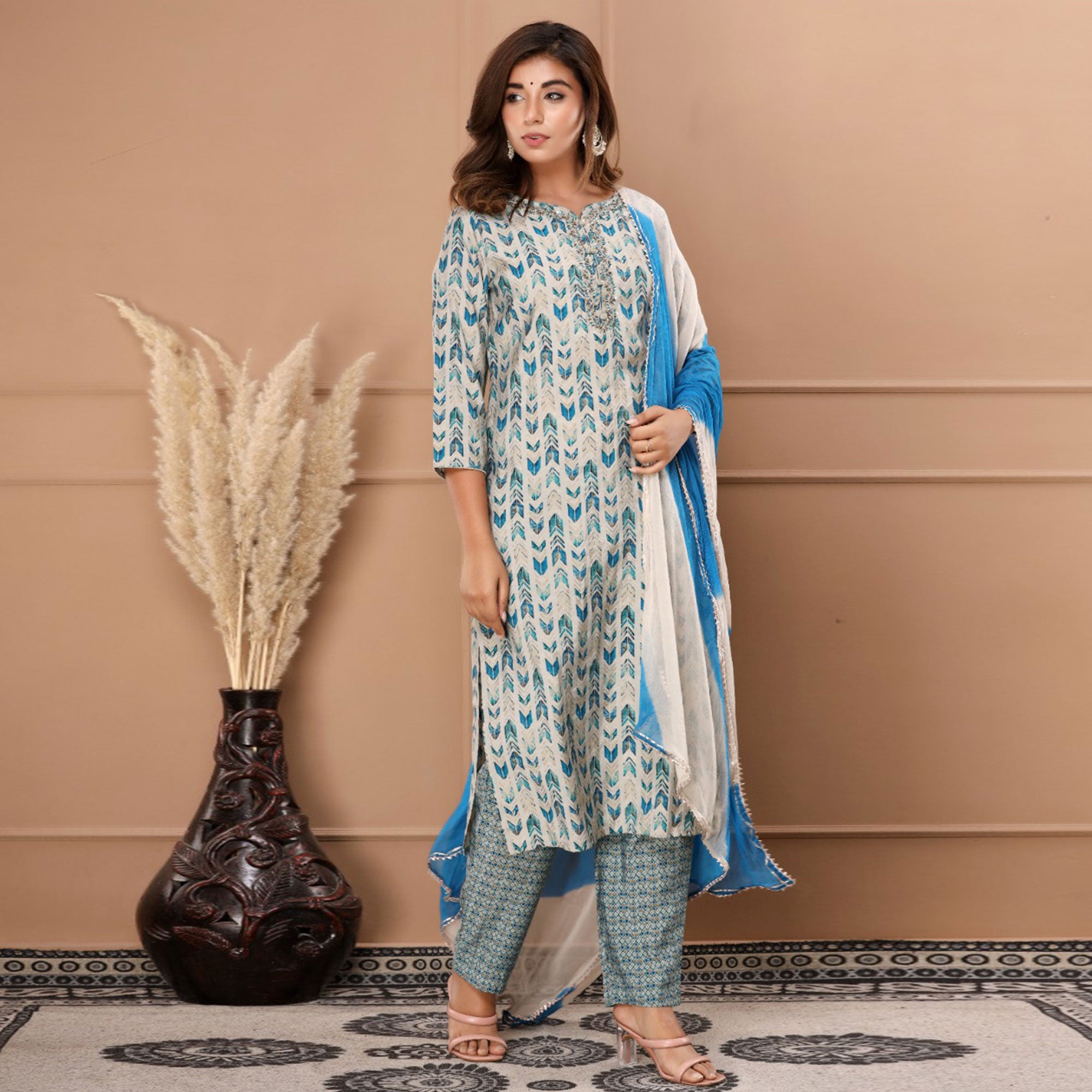 White-Blue Printed Muslin Salwar Suit