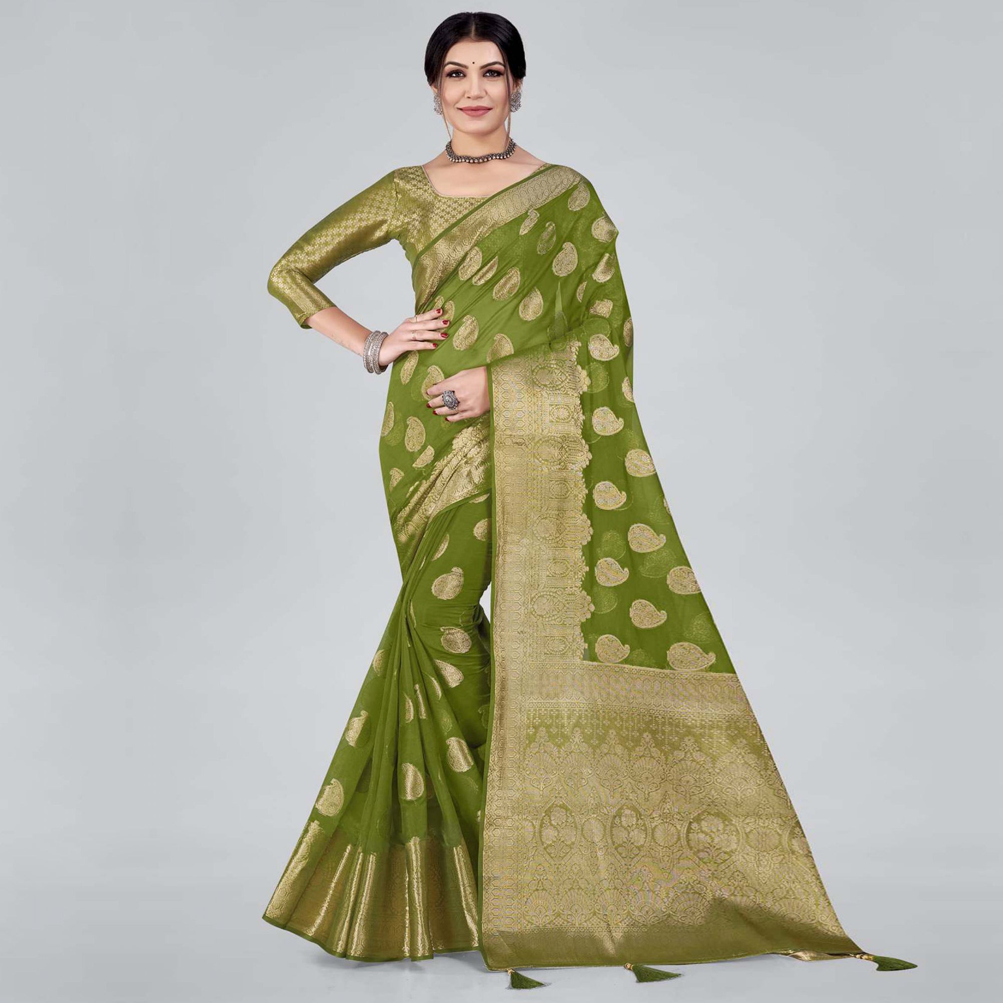 Green Woven Organza Saree With Tassels