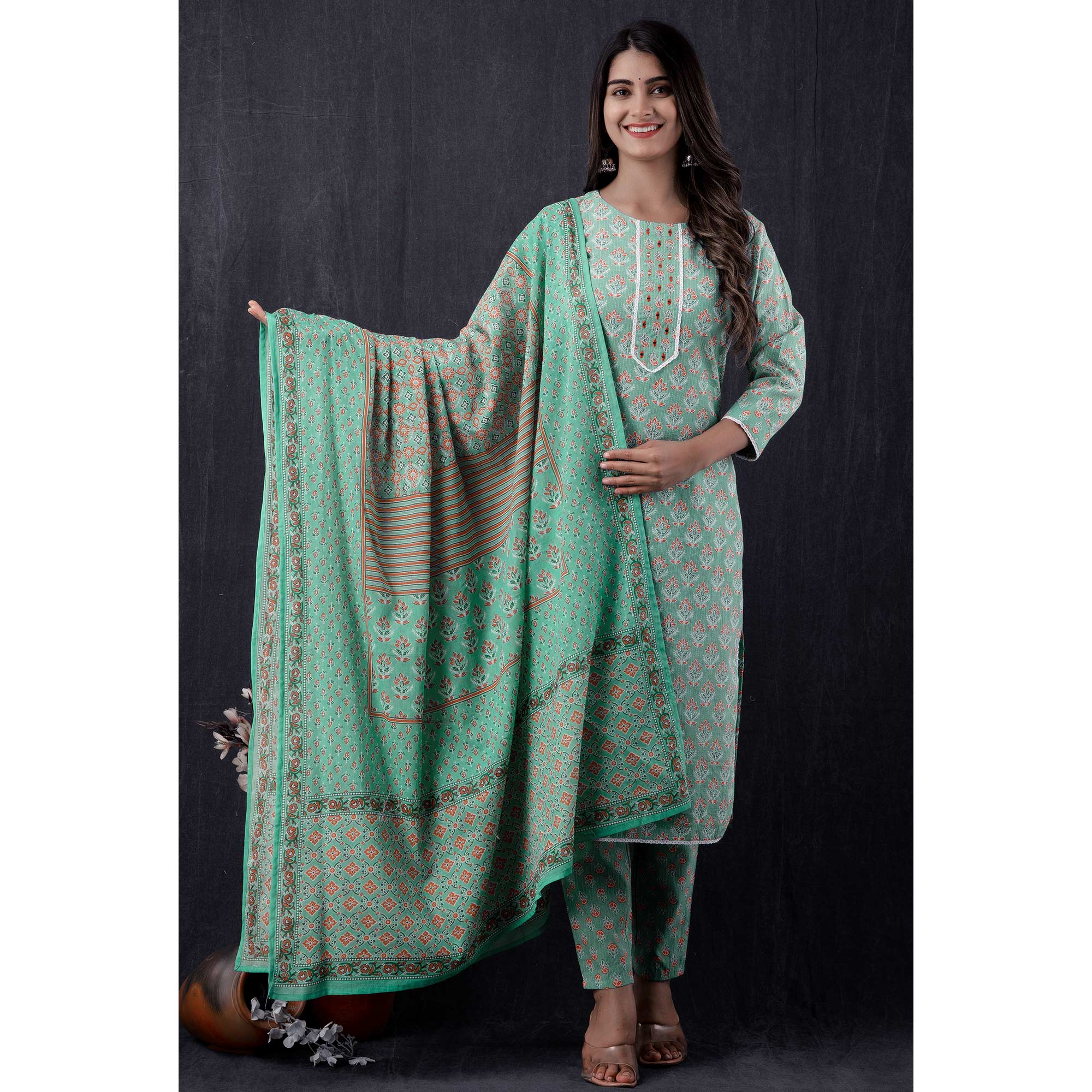 Green Jaipuri Printed Pure Cotton Suit