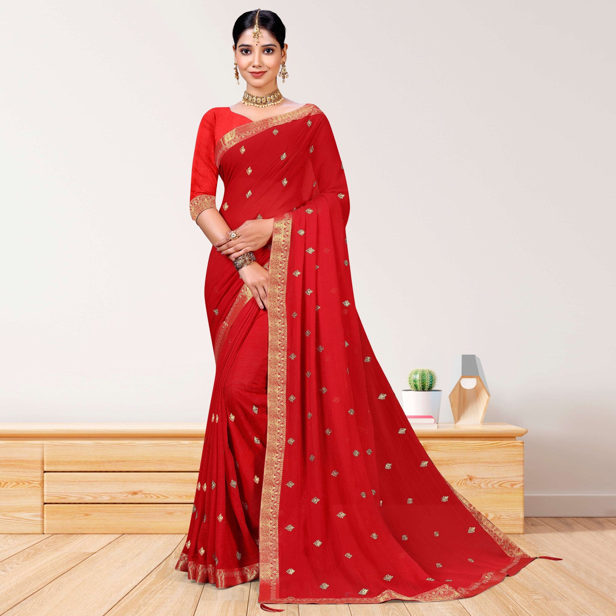 Red Embroidered Chiffon Saree