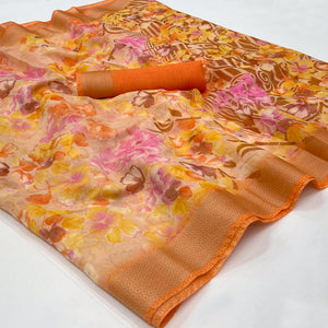 Peach Floral Printed Linen Saree