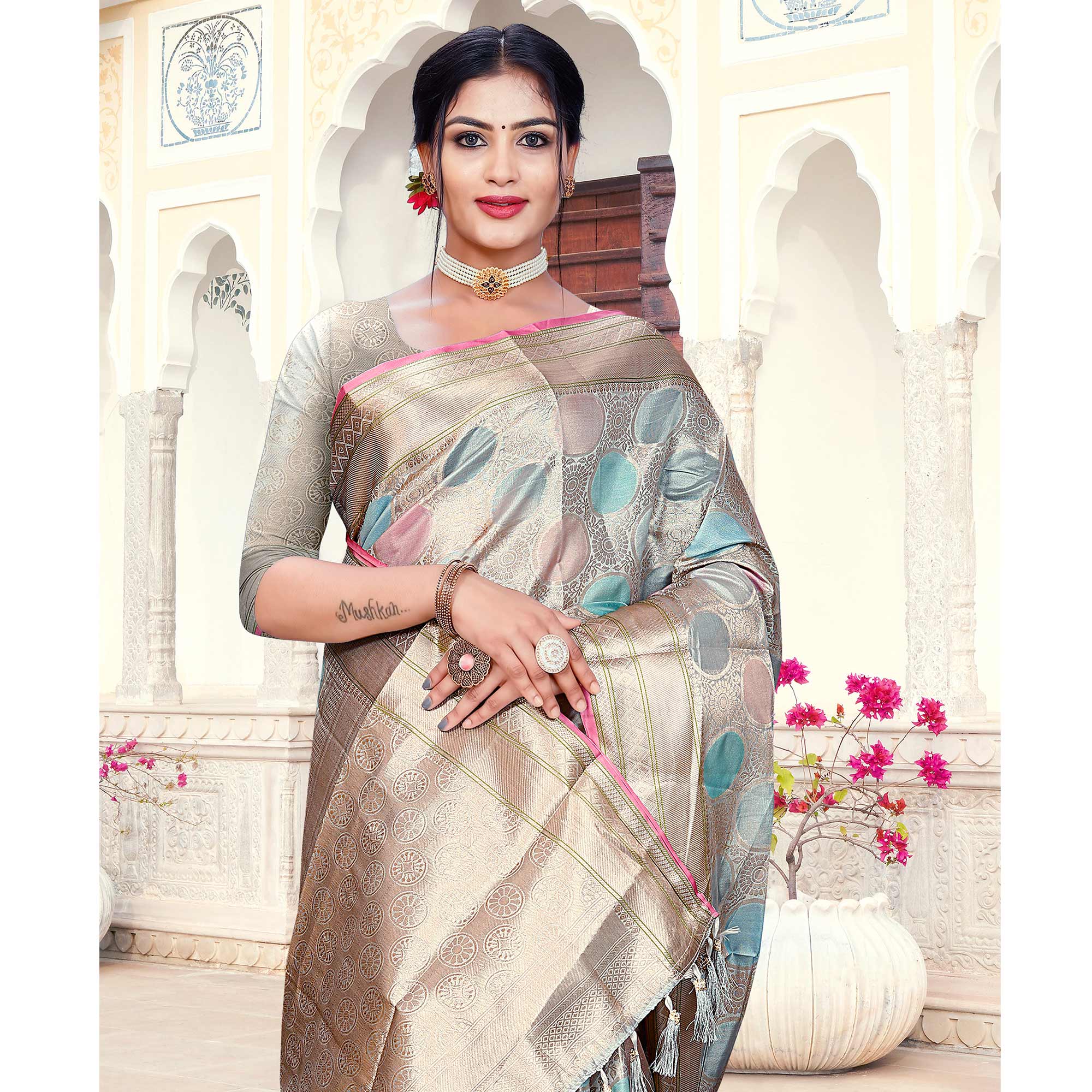 Grey Floral Woven Organza Saree With Tassels