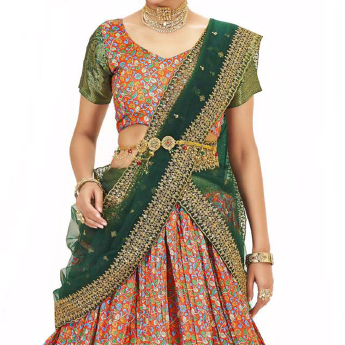 Orange Digital Printed With Zari Work Art Silk Lehenga Choli