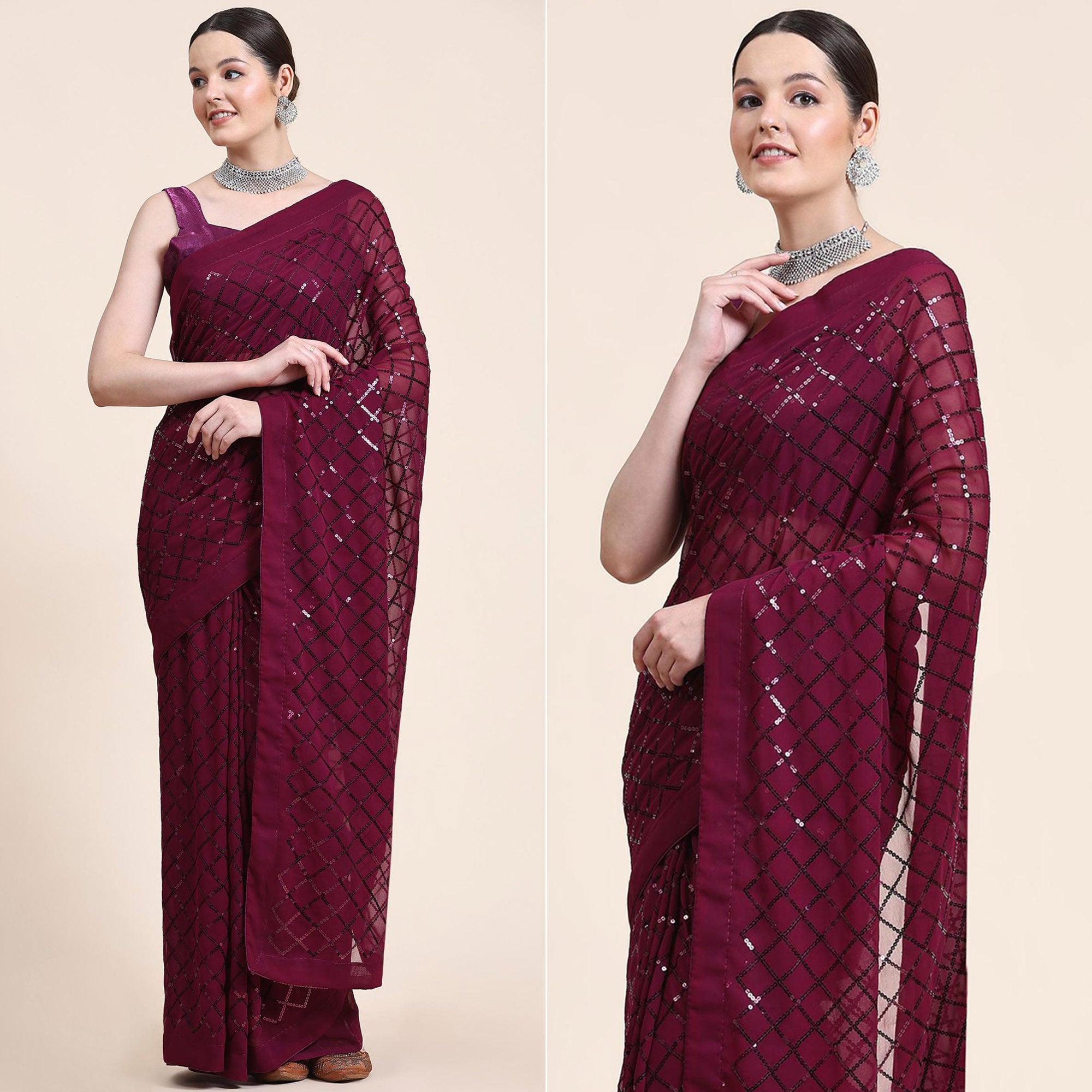 Wine Sequins Embroidered Georgette Saree