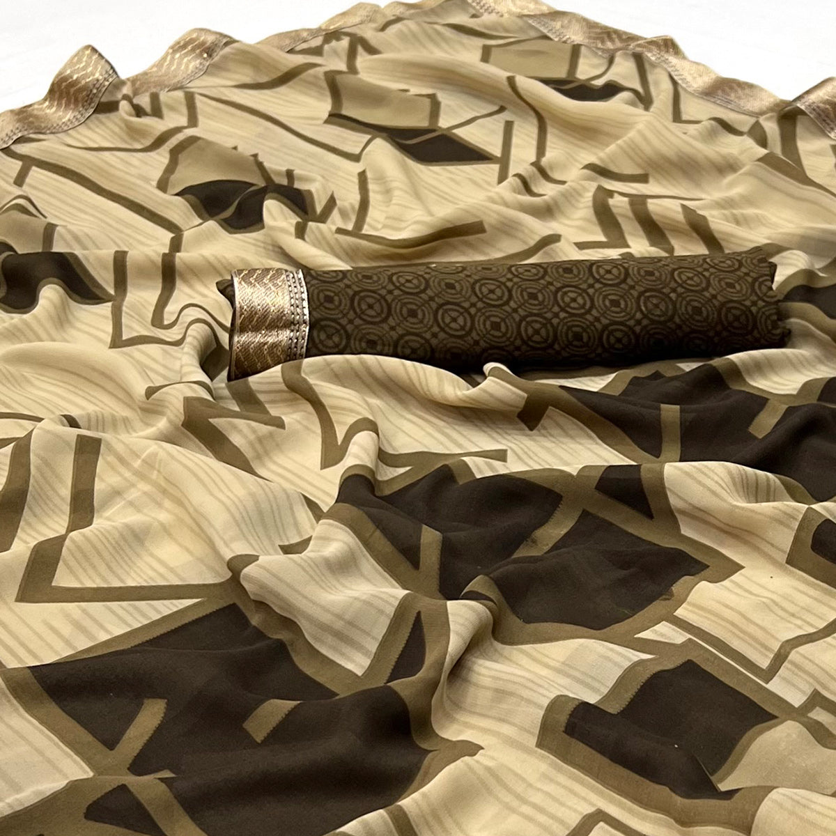 Chikoo Geometric Printed Georgette Saree