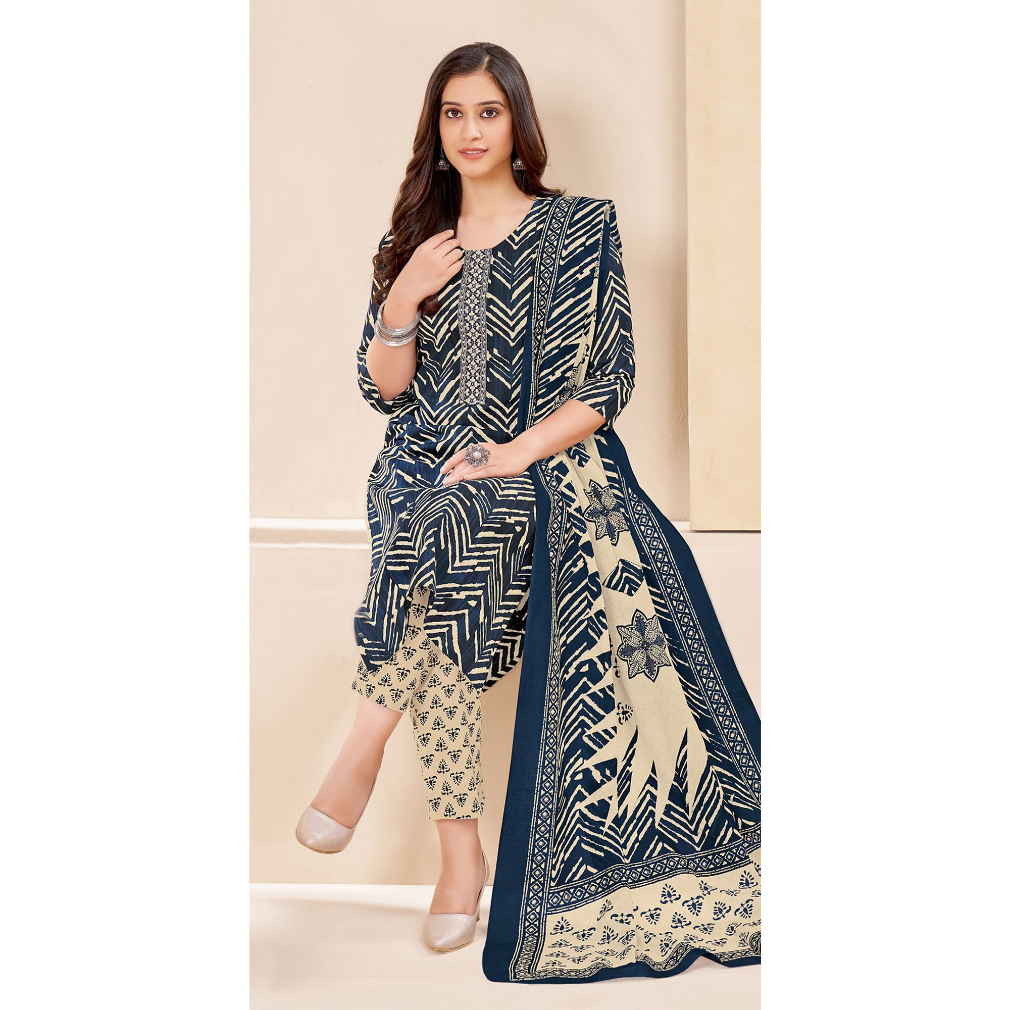 Blue Printed With Tie Embroidered Pure Cotton Suit