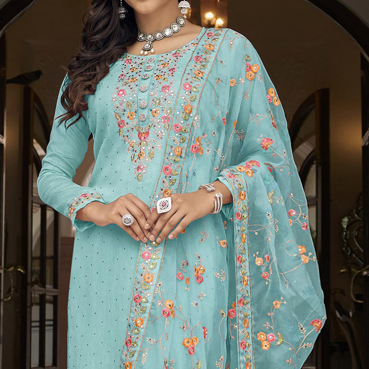 Blue Floral Embroidered Georgette Salwar Suit