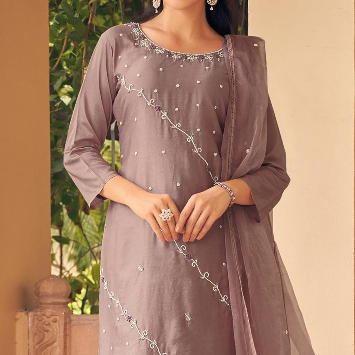Mauve Embellished Viscose Salwar Suit