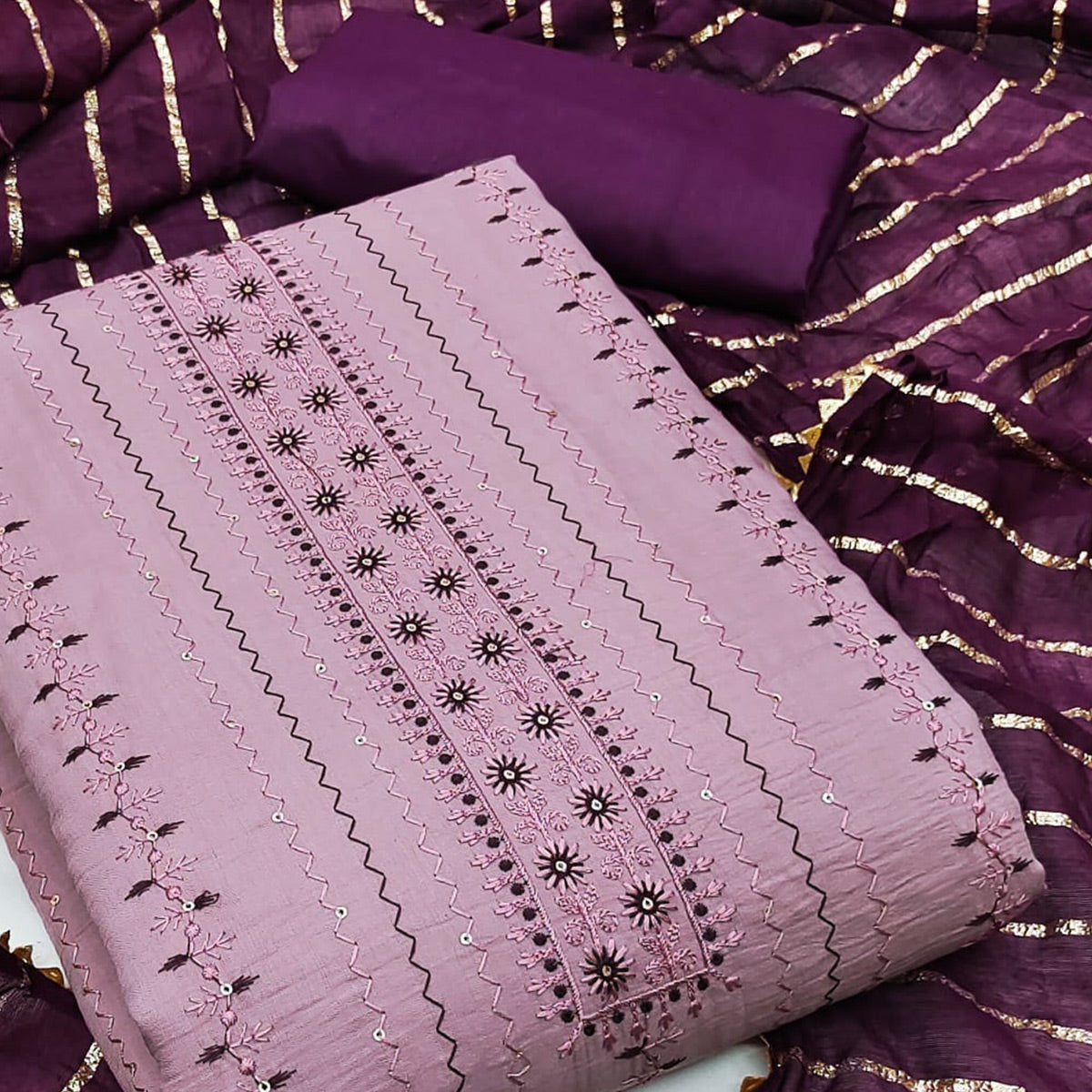Light Purple Sequins Embroidered Cotton Blend Dress Material