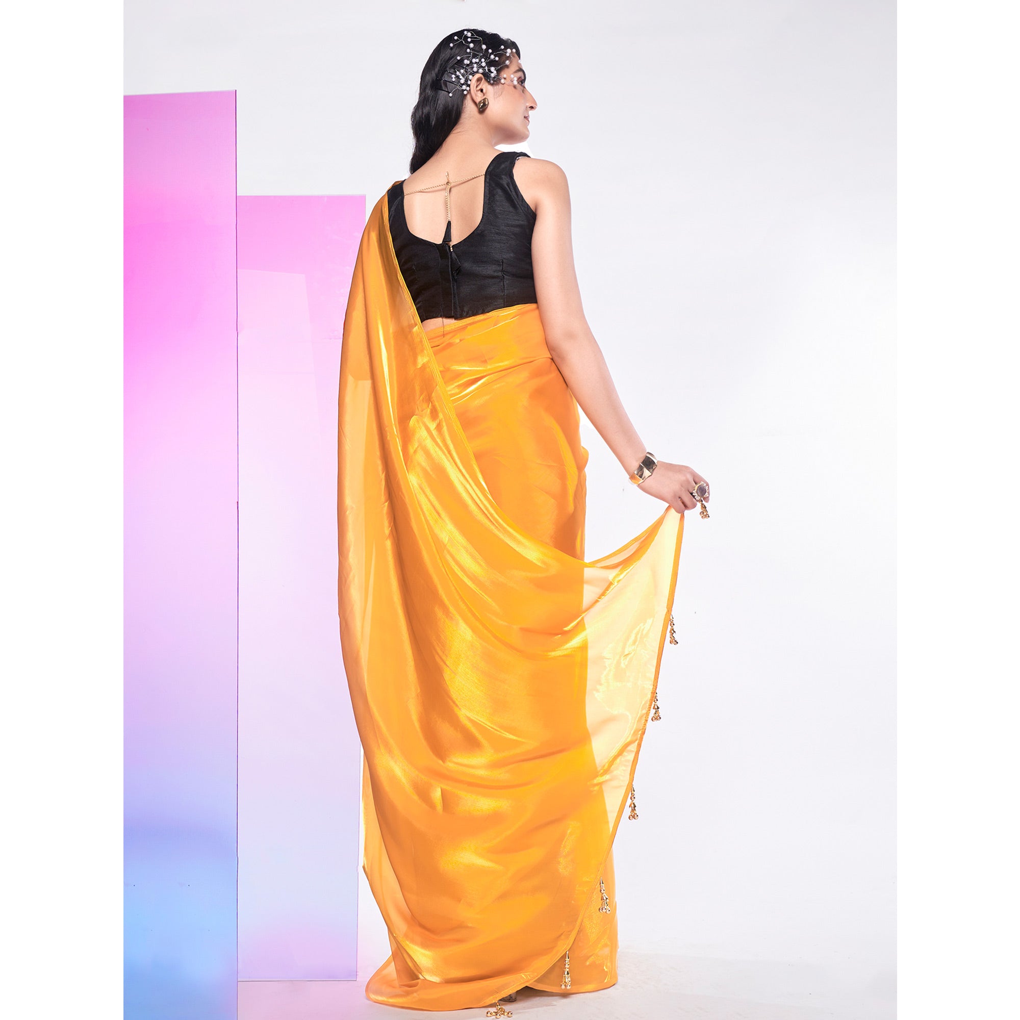 Mustard Solid Organza Saree With Tassels