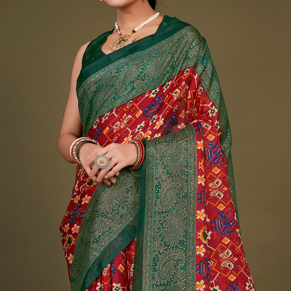 Red Printed Jute Patola Saree With Tassels