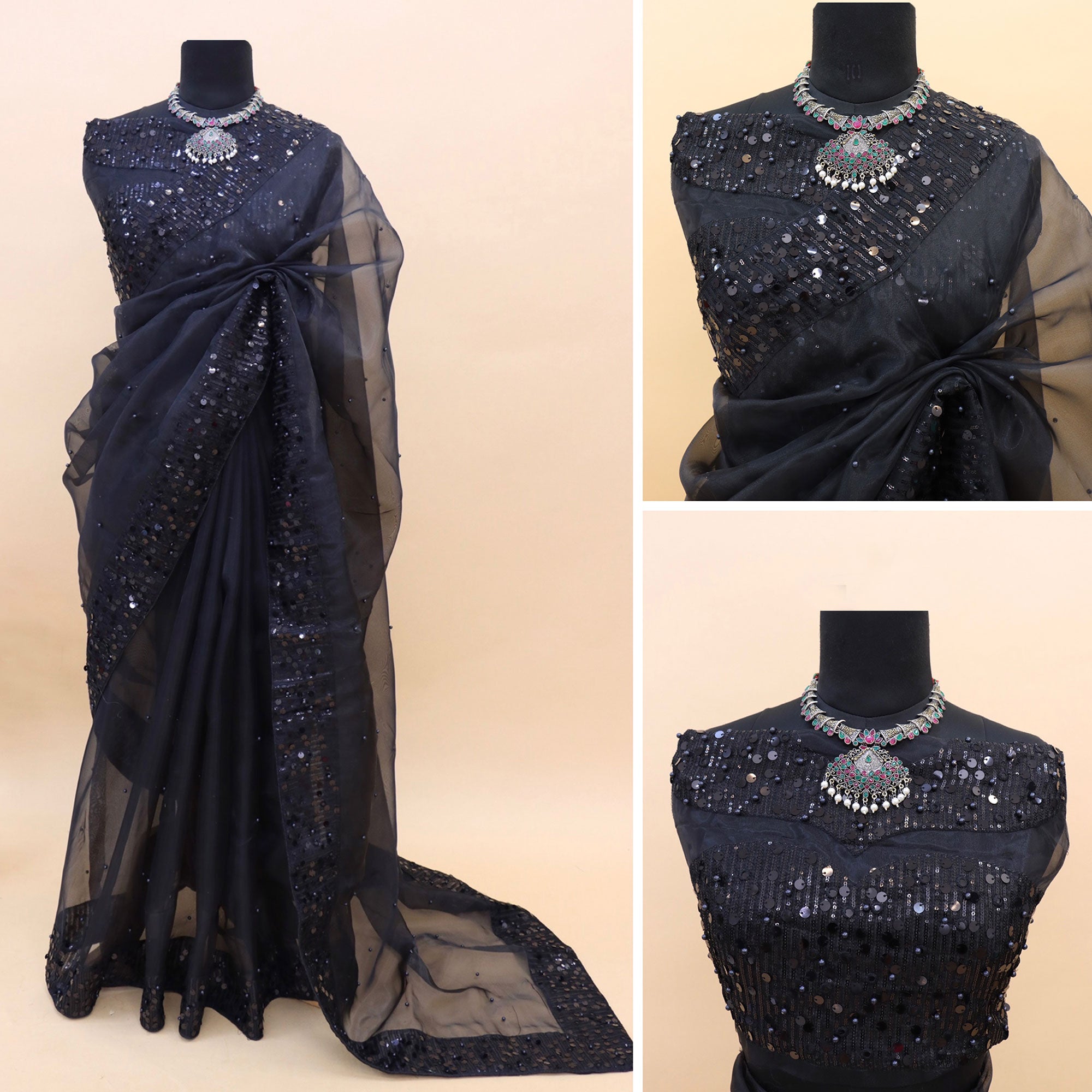 Black Sequins Embroidered Organza Saree