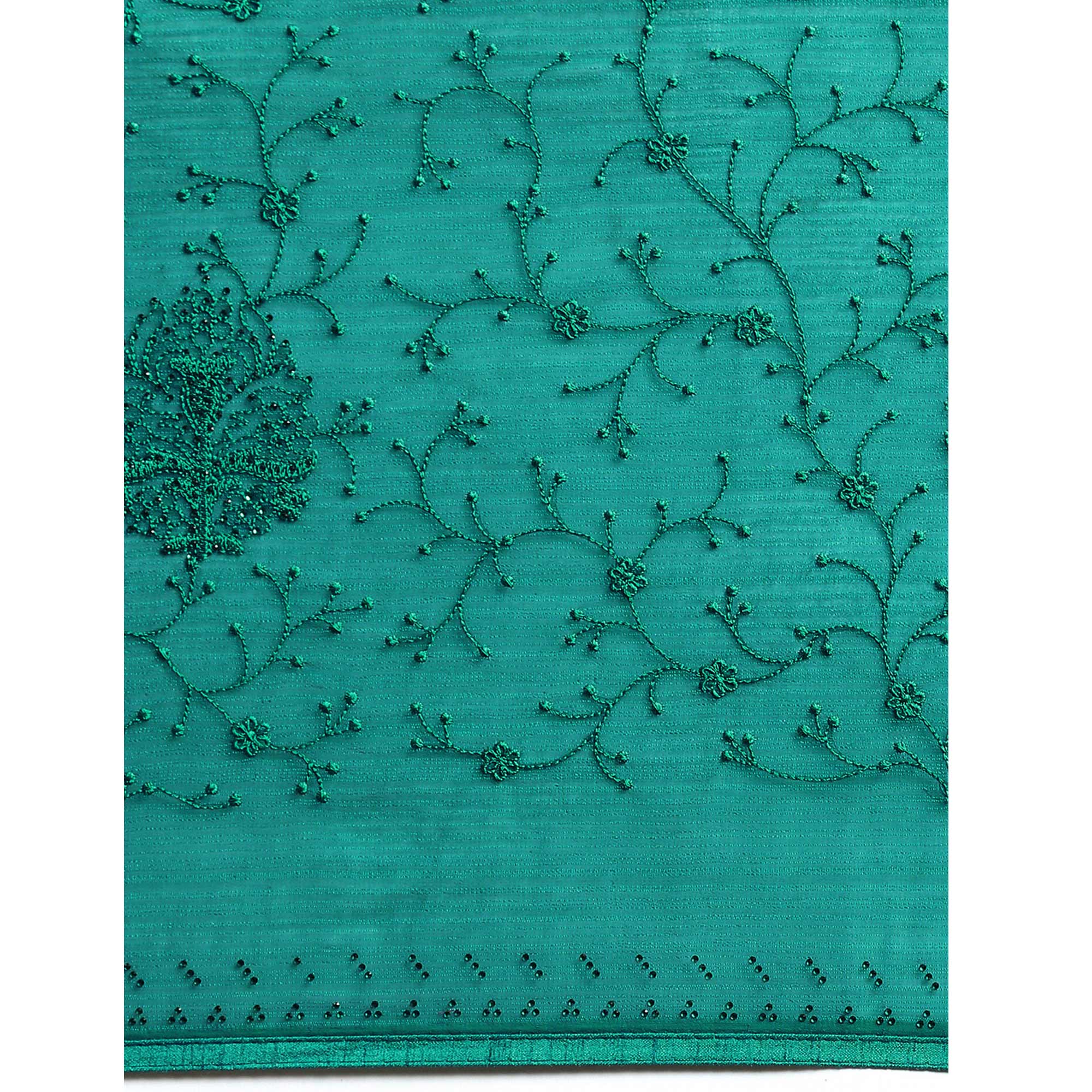 Turquoise Green Floral Embroidered Zomato Silk Saree
