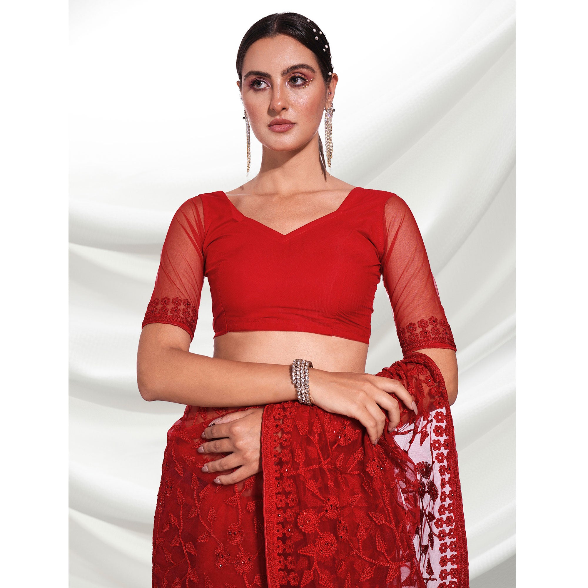 Red Floral Embroidered Soft Net Saree