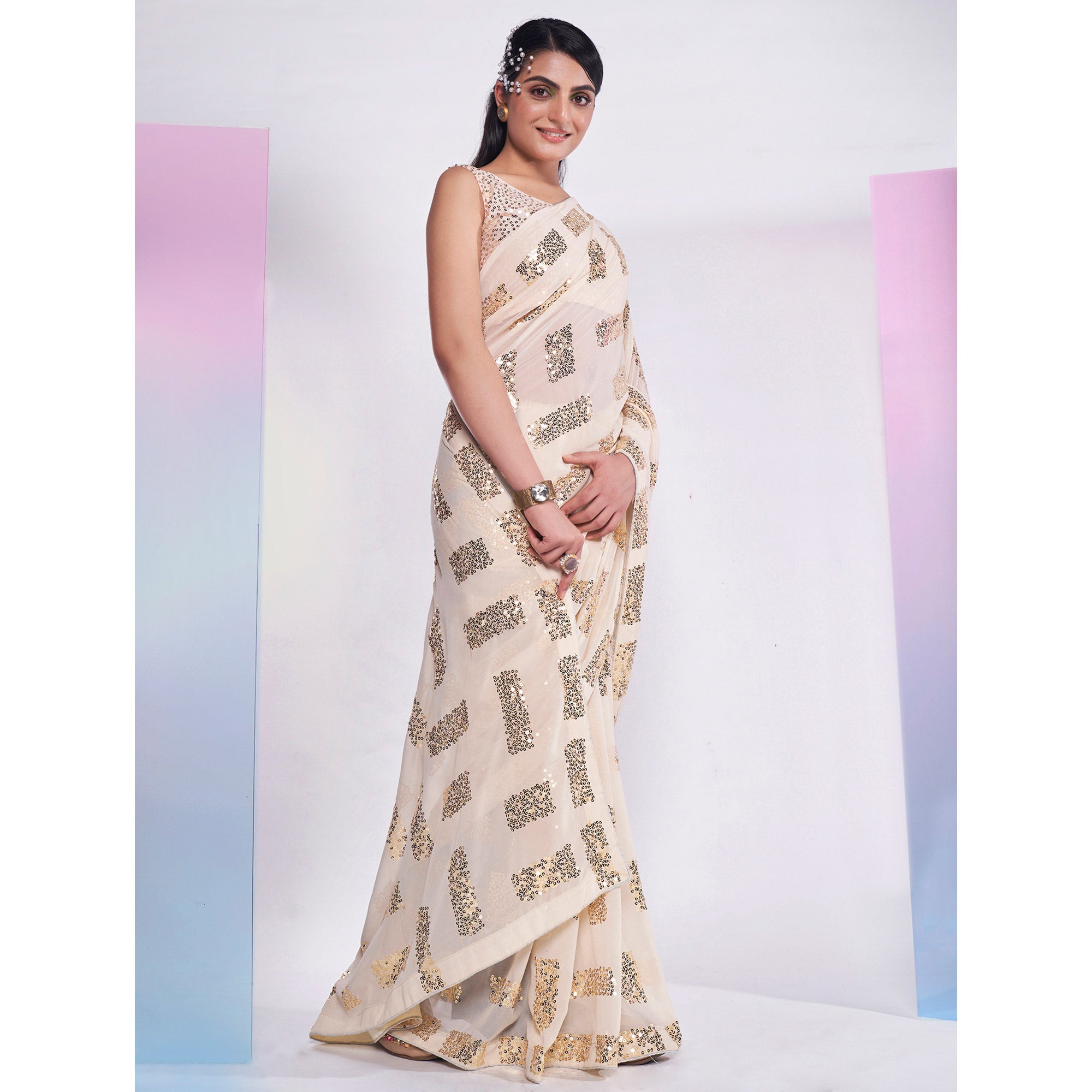 Cream Sequins Embroidered Georgette Saree