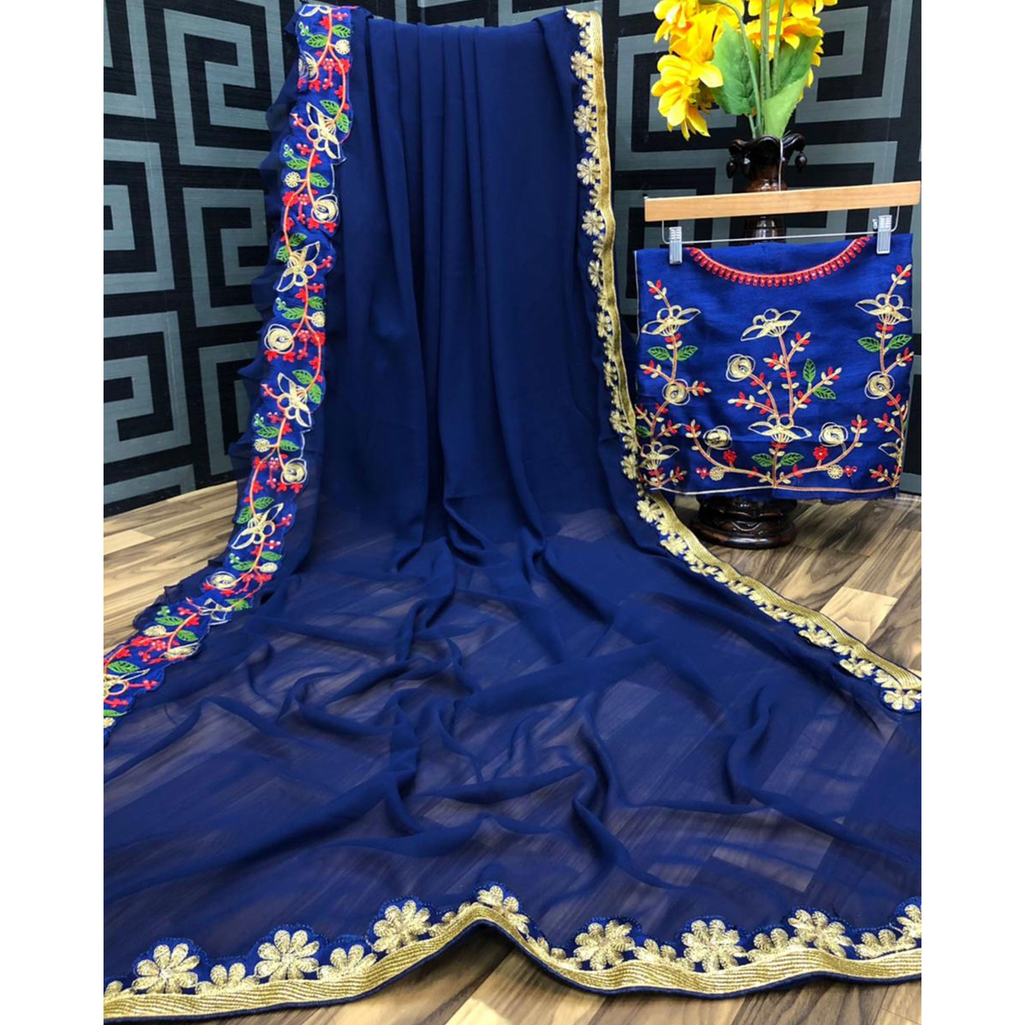 Navy Blue Embroidered Georgette Saree