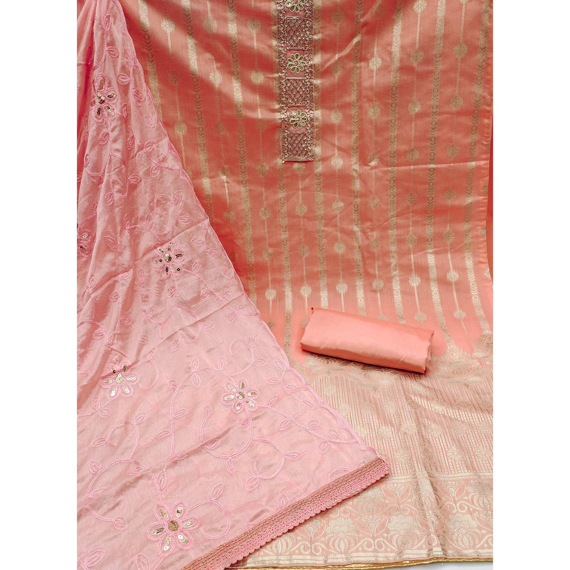 Peach Woven Banarasi Silk Dress Material