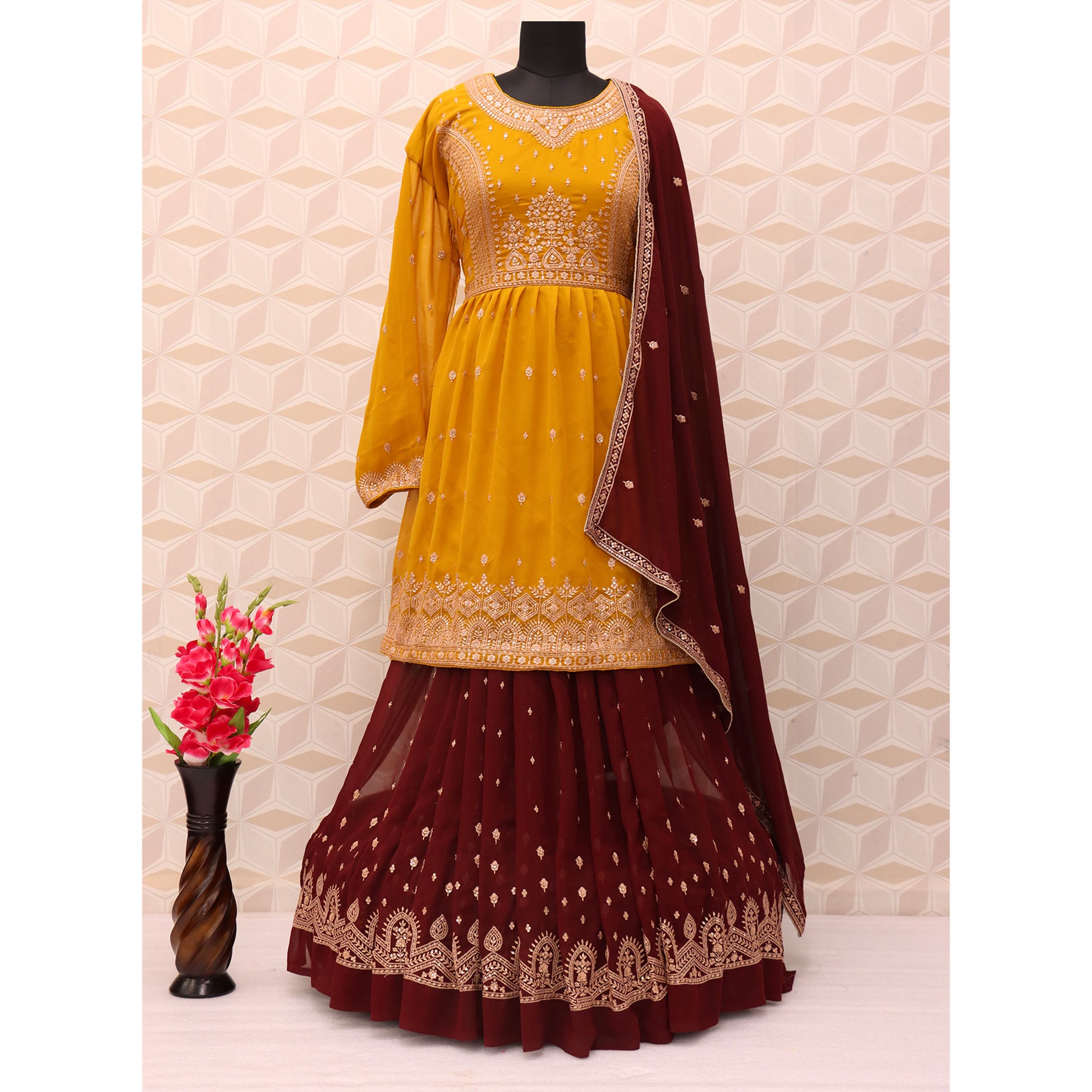 Mustard Floral Embroidered Georgette Sharara Suit