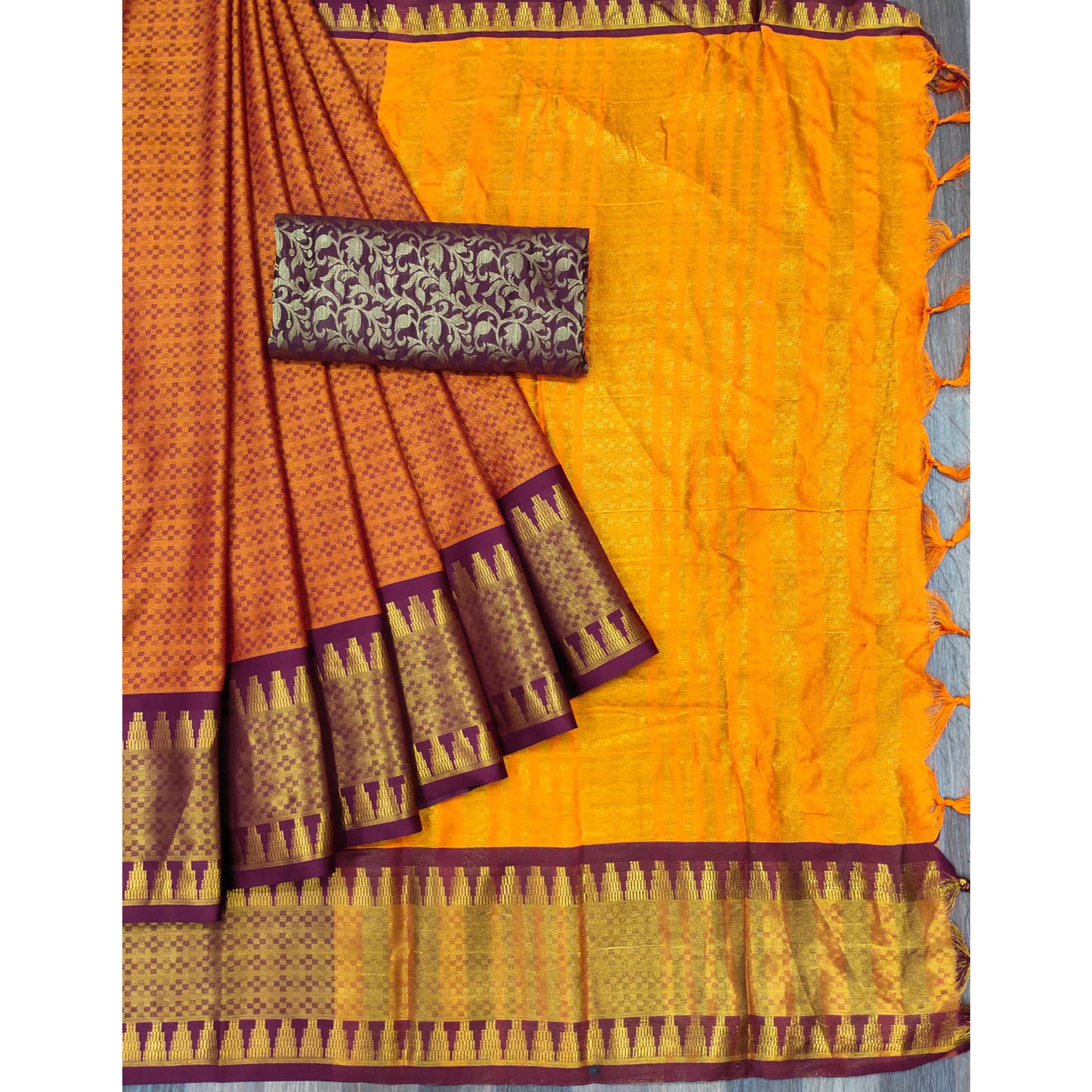 Orange Woven Cotton Silk Saree With Tassels