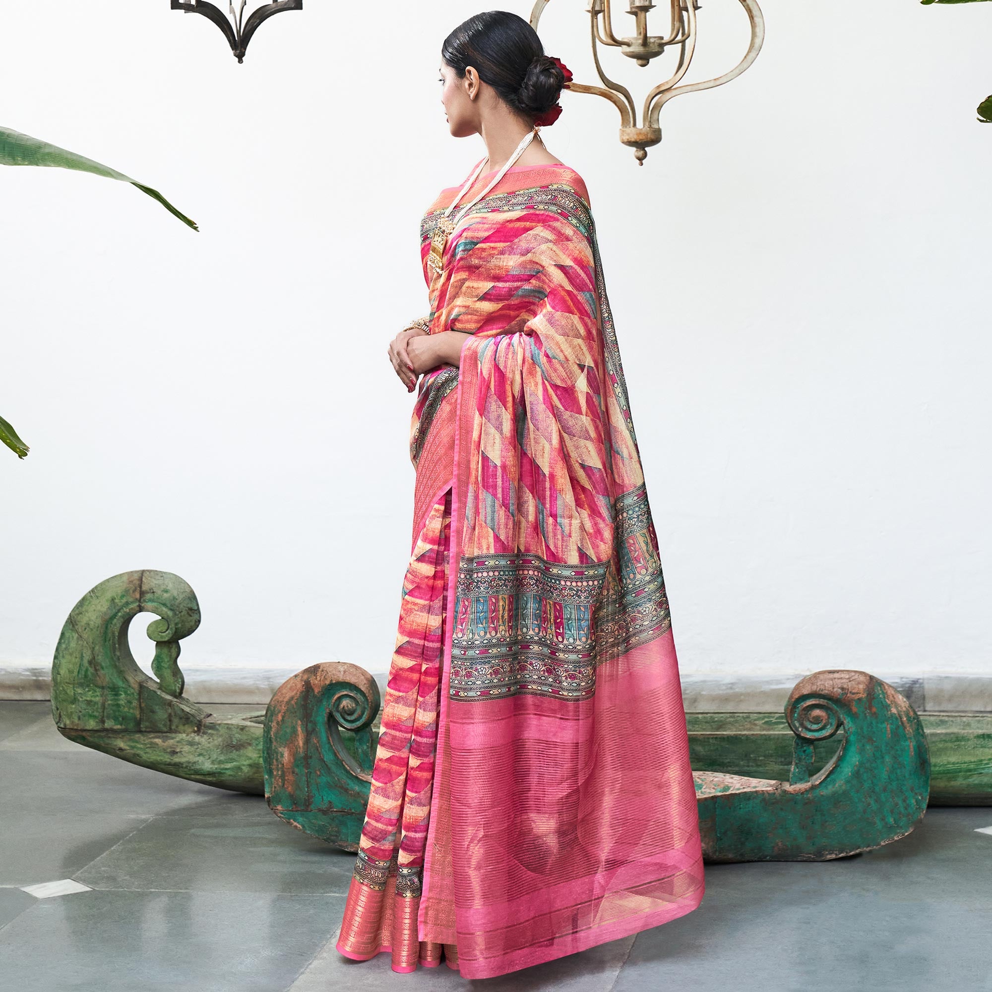 Pink Digital Printed Linen Saree