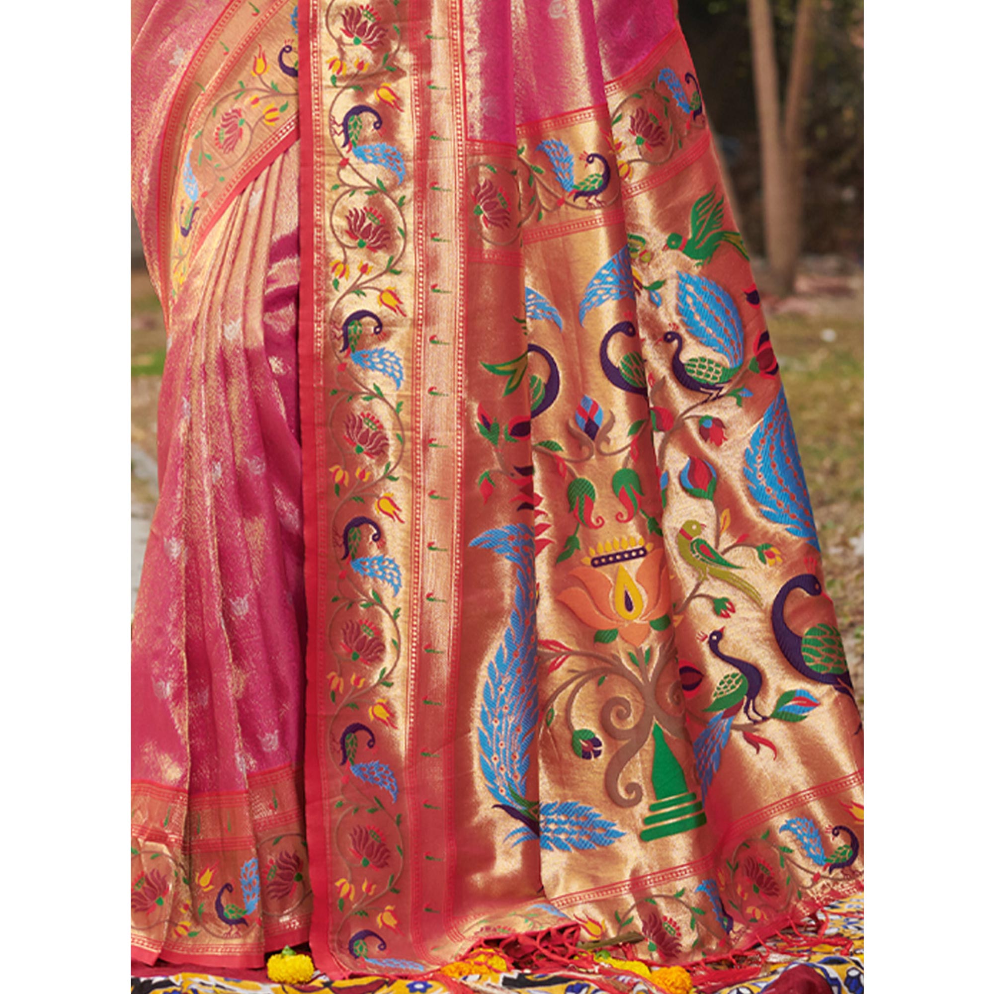 Pink Woven Art Silk Paithani Saree With Tassels