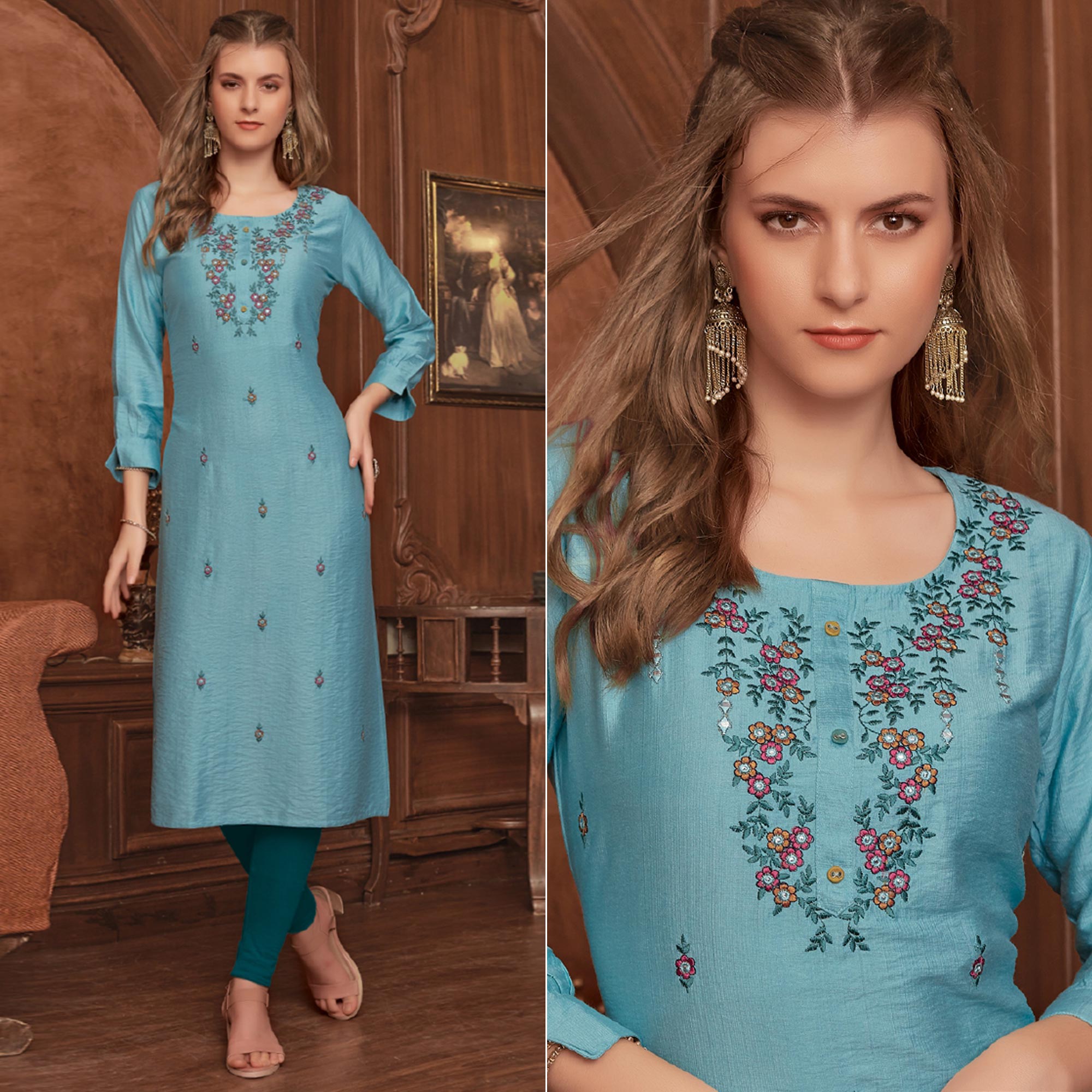 Blue Floral Embroidered Rayon Kurti