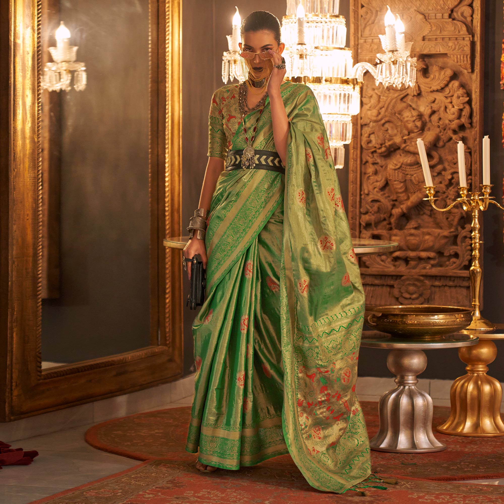 Green Woven Art Silk Saree With Tassels