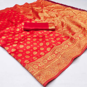 Red Woven Jacquard Saree With Tassels