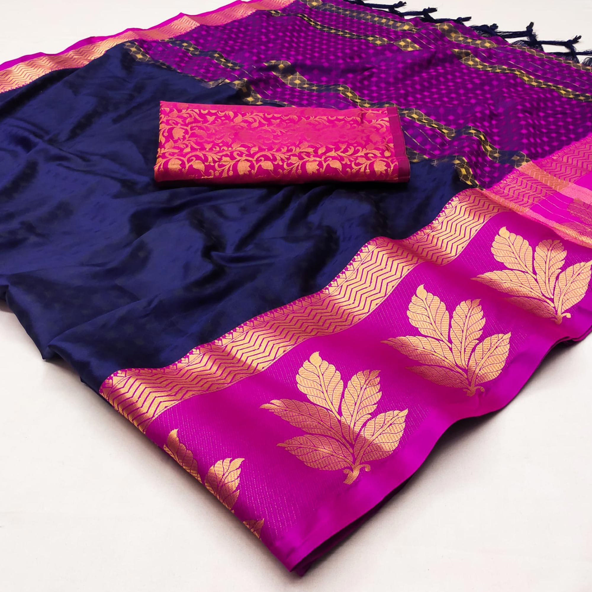 Navy Blue Woven Cotton Silk Saree With Tassels