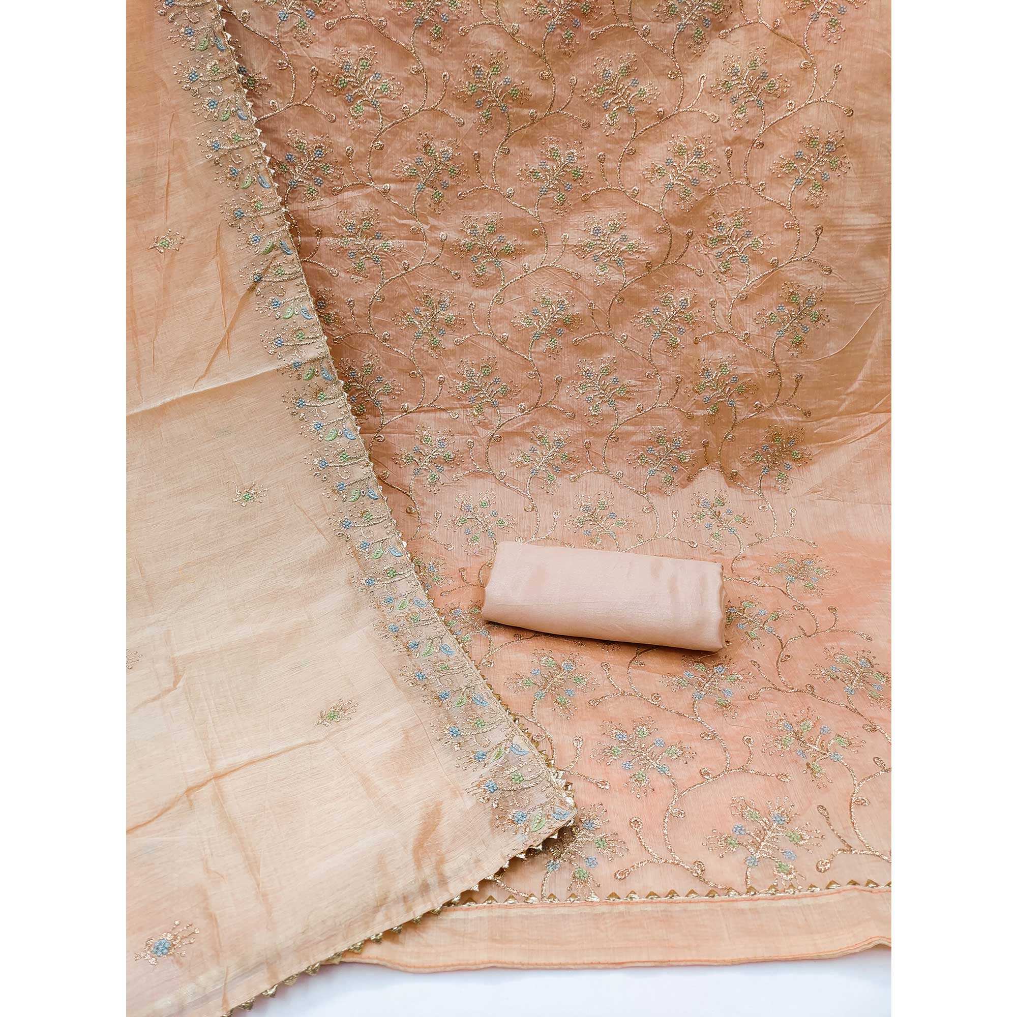 Peach Floral Embroidered Chanderi Dress Material