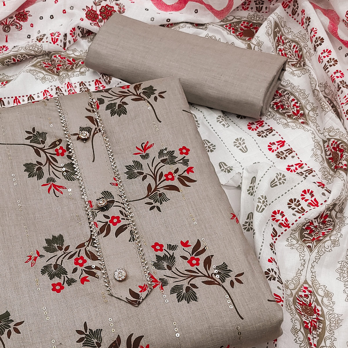 Grey Floral Printed With Embroidered Pure Cotton Dress Material