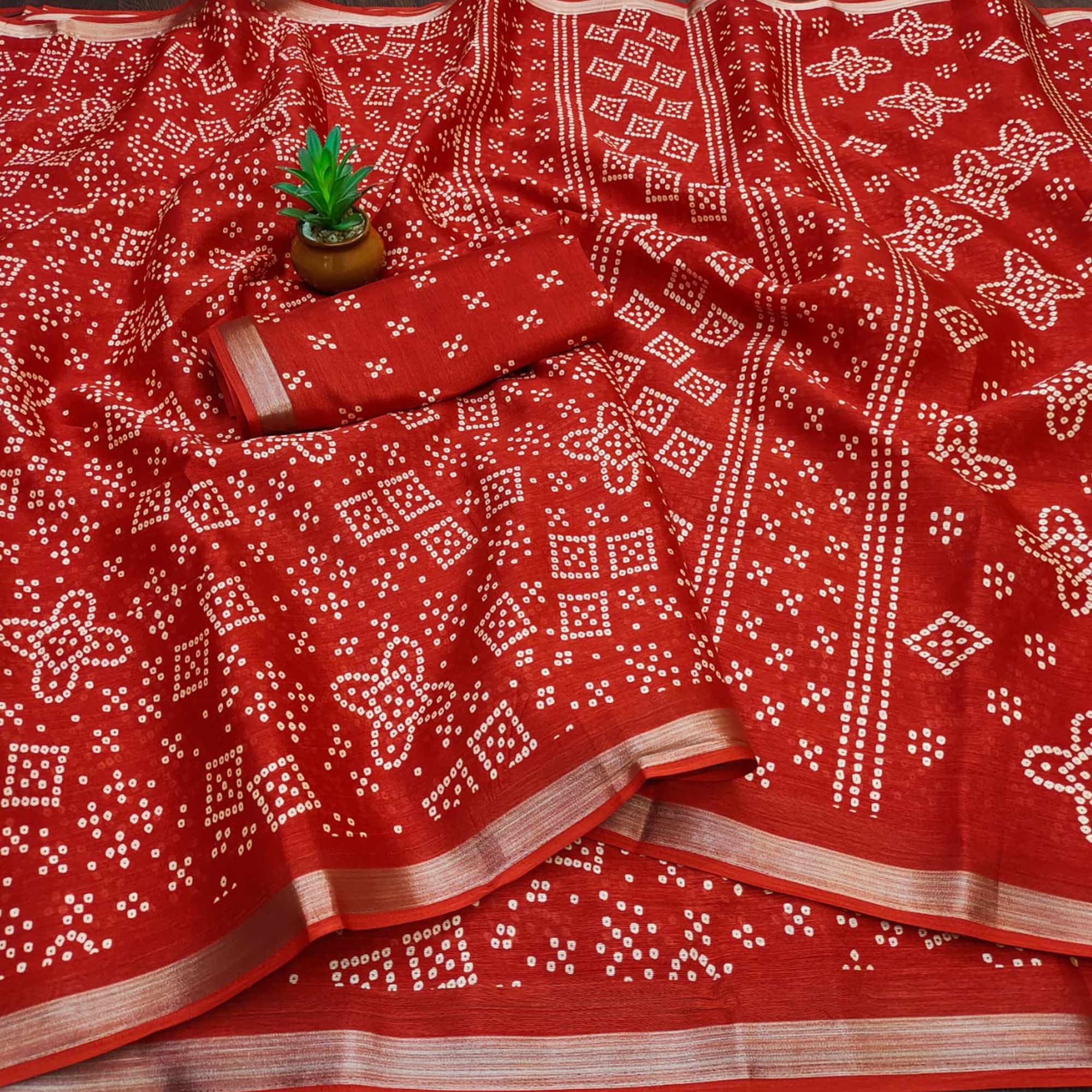 Red Bandhani Printed Art Silk Saree