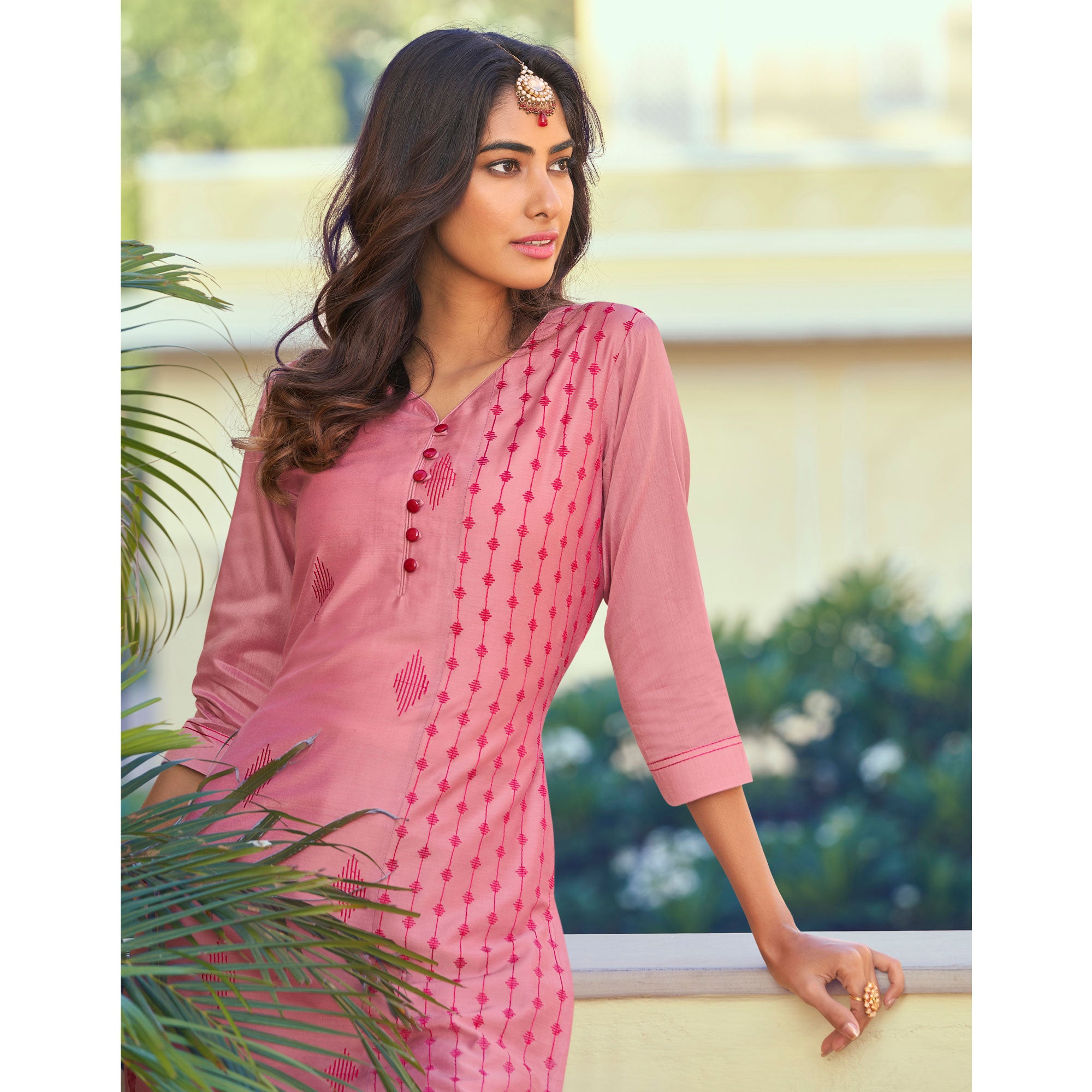Pink Embroidered Art Silk Kurti Pant Set