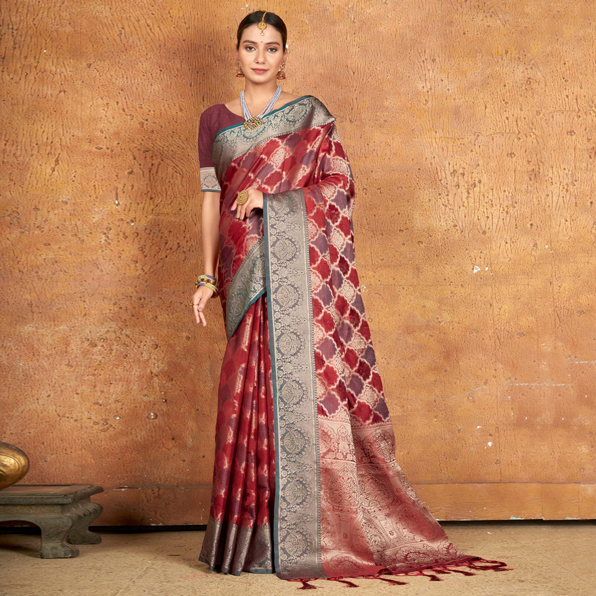 Maroon Woven Organza Saree With Tassels